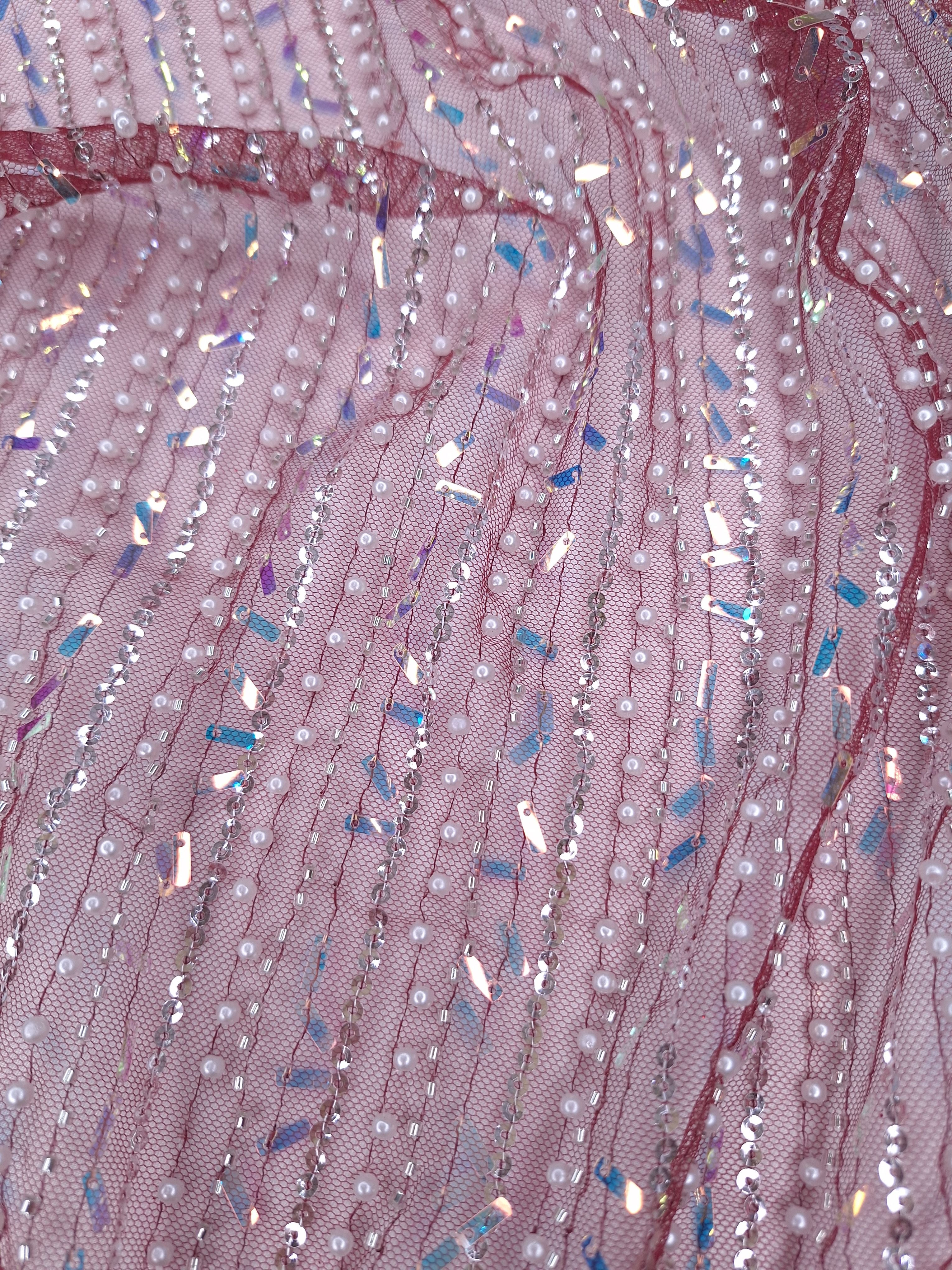 Tul bordado color vino H122, ideal para vestidos de noche de boda y de XV años