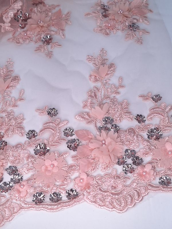 Tul bordado color blush H134, ideal para vestidos de noche de boda y de XV años