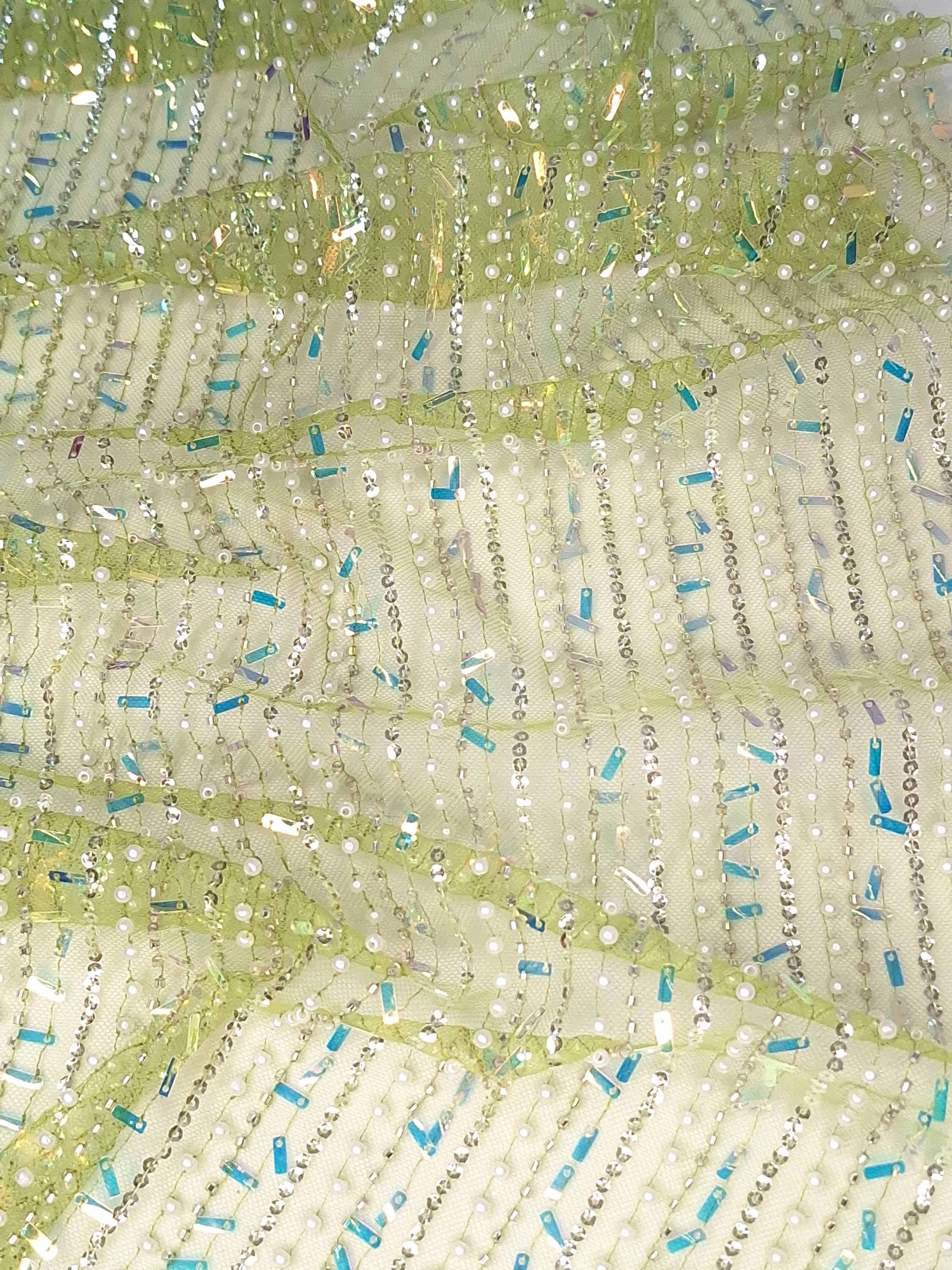 Tul bordado color manzana H122, ideal para vestidos de noche de boda y de XV años