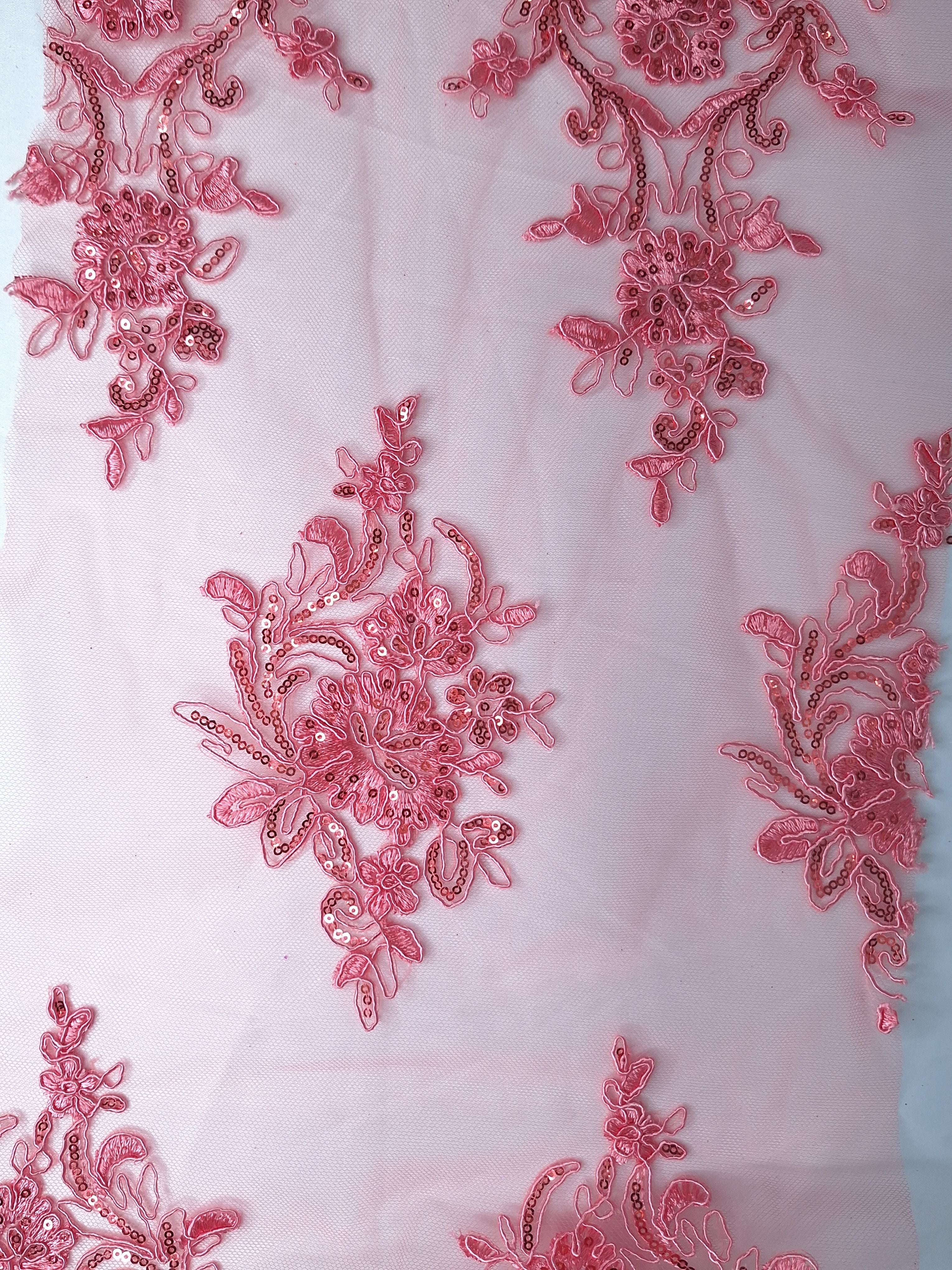 Tul bordado colo rosa coral A977, ideal para vestidos de noche de boda y de XV años