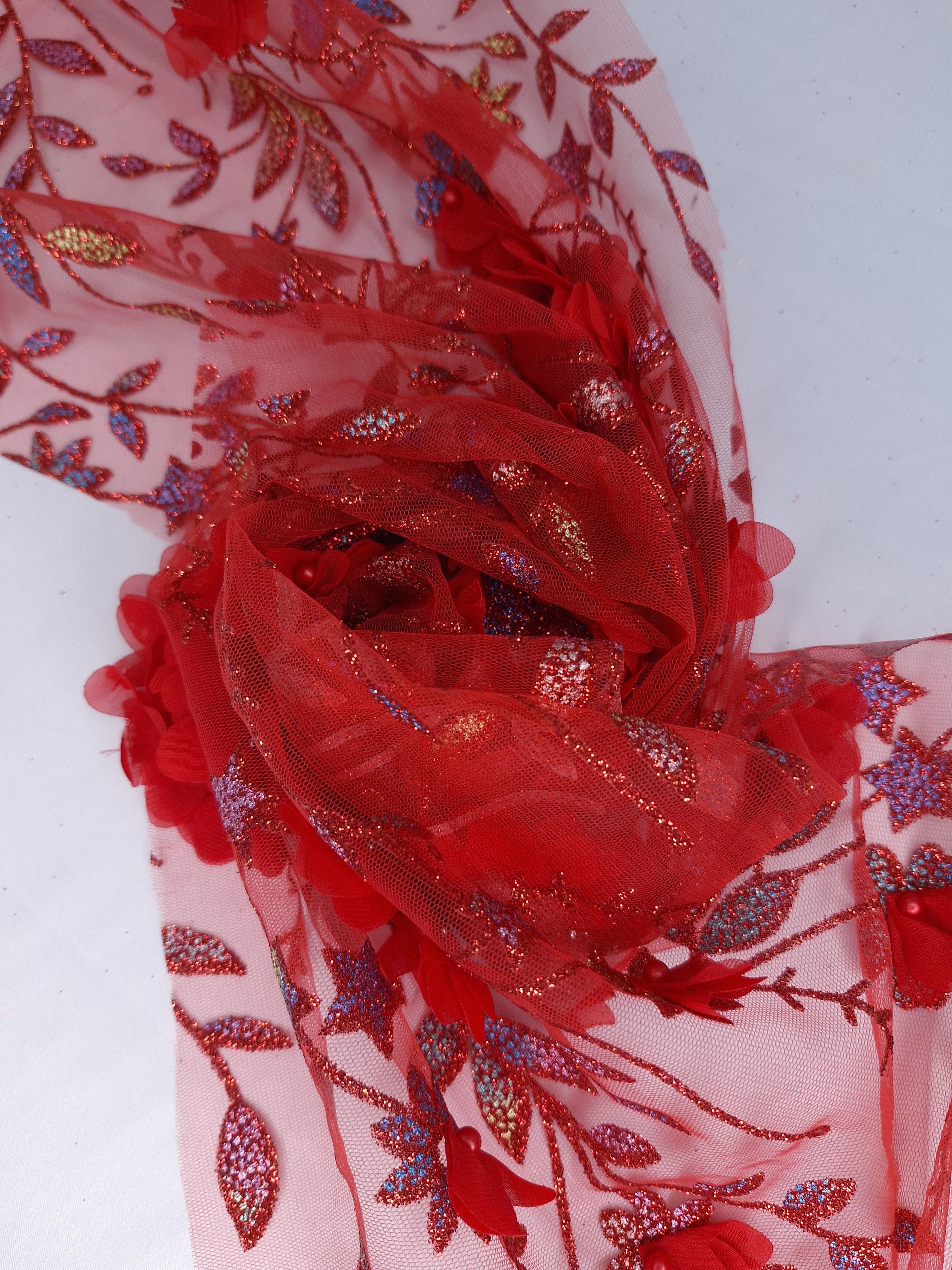 Tul bordado color rojo H142, ideal para vestidos de noche de boda y de XV años