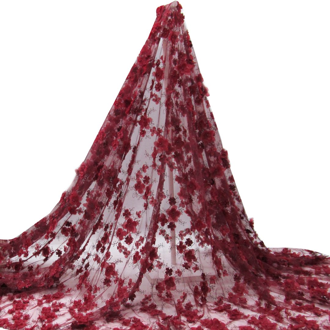 Tul bordado color vino A727, ideal para vestidos de noche de boda y de XV años