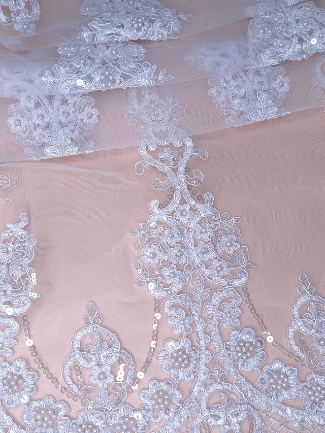Tul bordado color blanco H018, ideal para vestidos de noche de boda y de XV años