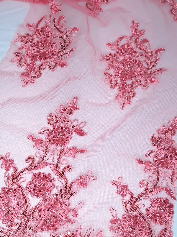 Tul bordado colo rosa coral A977, ideal para vestidos de noche de boda y de XV años