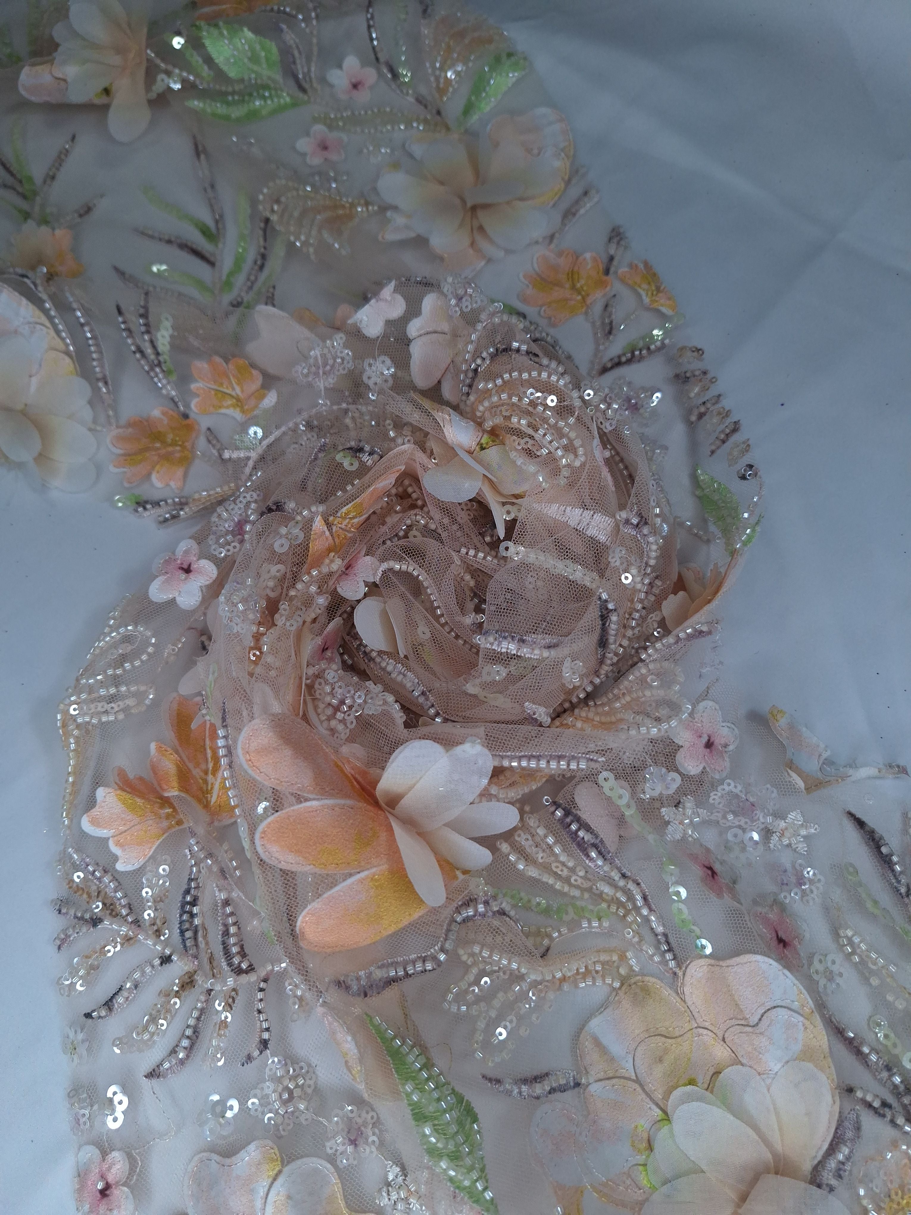 Tul bordado color melon H150, ideal para vestidos de noche de boda y de XV años