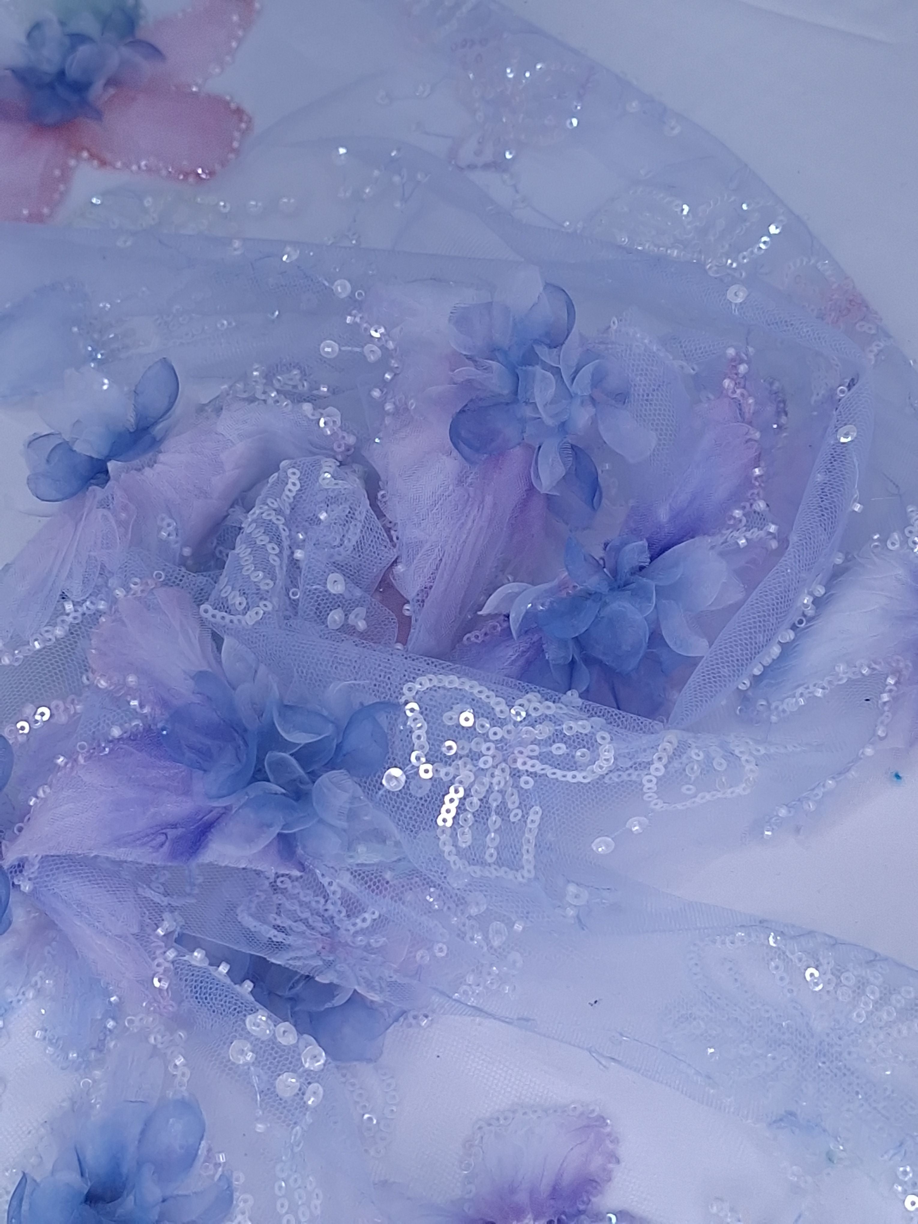 Tul bordado color azul H148, ideal para vestidos de noche de boda y de XV años