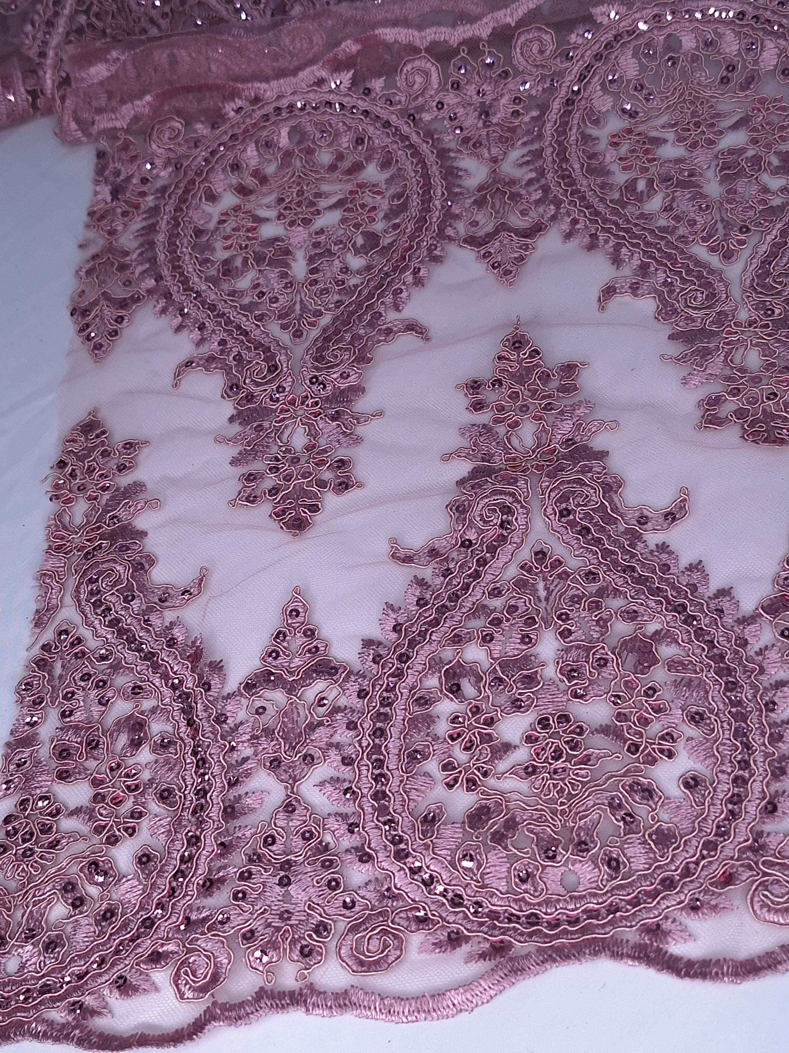 Tul bordado color palo de rosa H129, para vestidos de noche de boda y de XV años