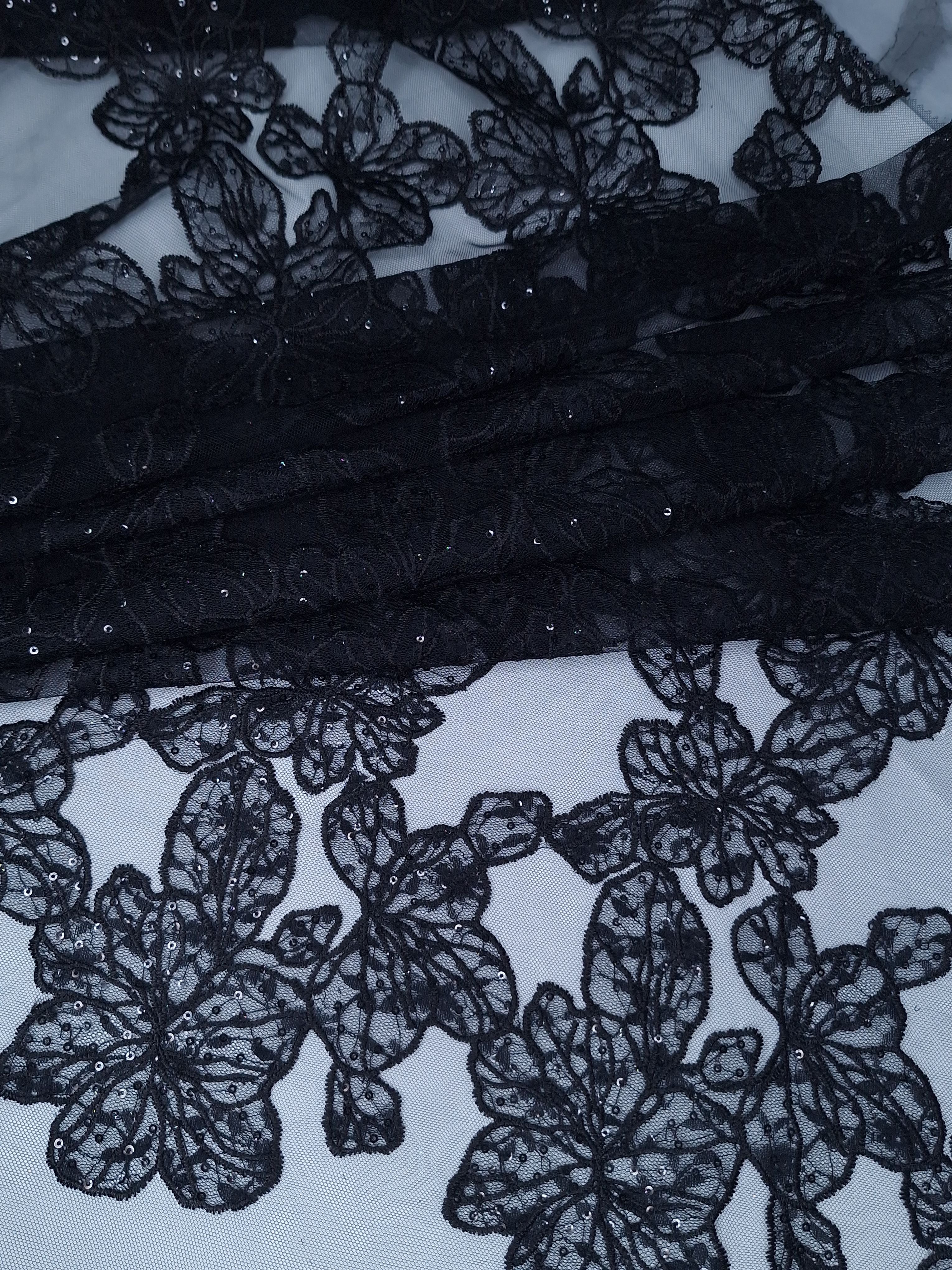 Tul bordado color negro H212, ideal para vestidos de noche de boda y de XV años