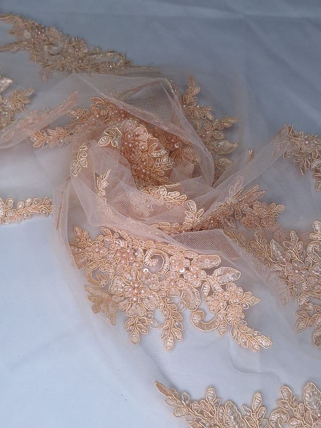 Tul bordado color nude A948, ideal para vestidos de noche de boda y de XV años
