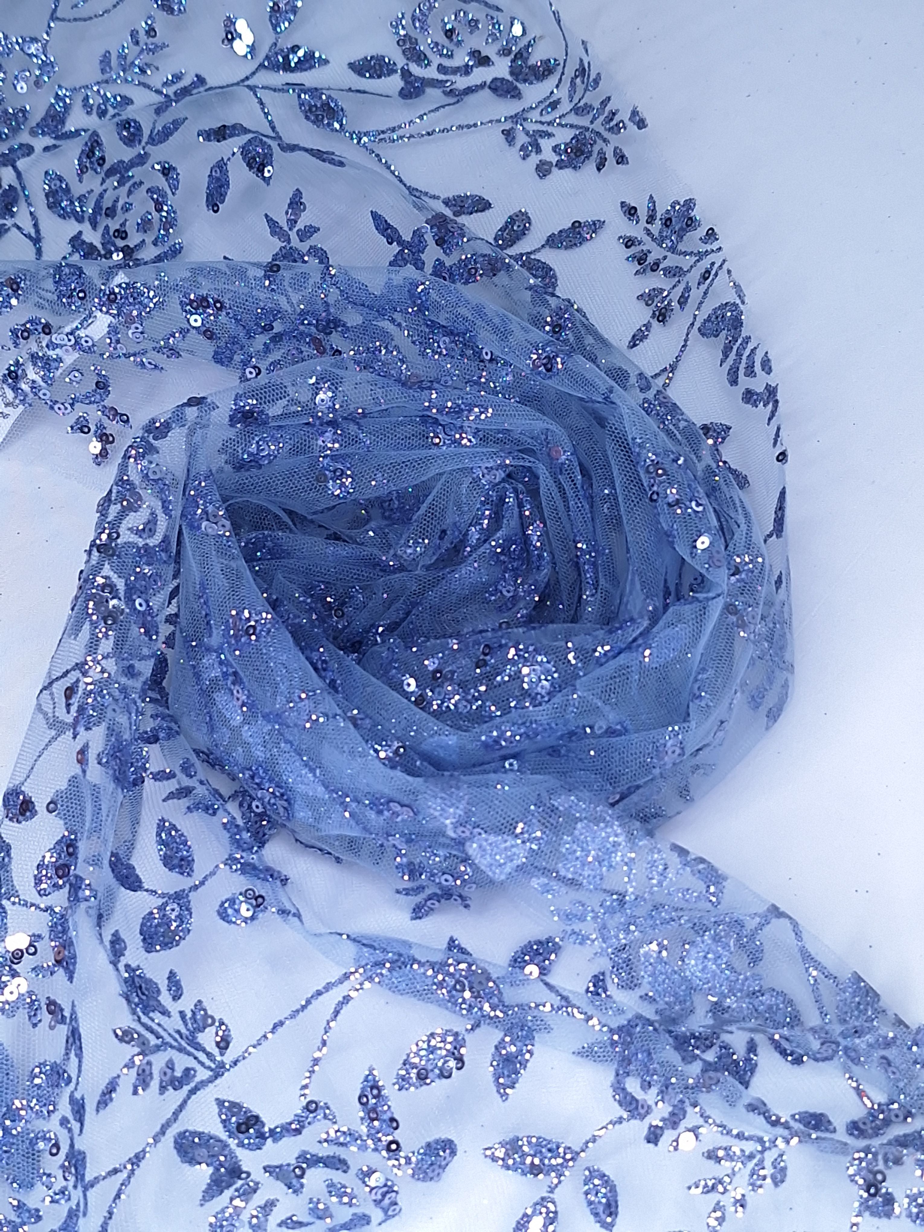 Tul bordado color azul plumbago H037, ideal para vestidos de noche de boda y de xv años