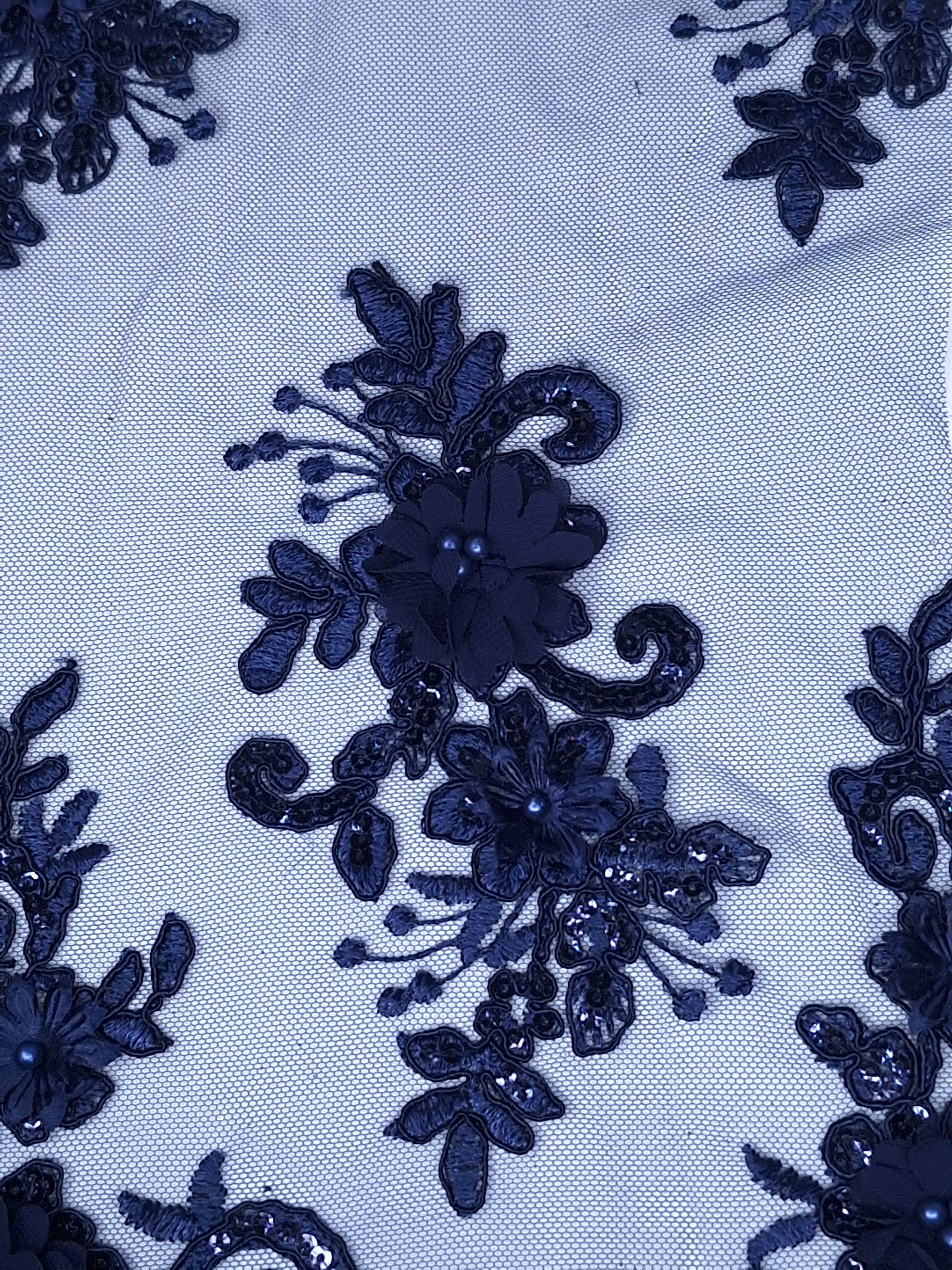 Tul bordado color Azul marino H164, ideal para vestidos de noche de boda y de XV años
