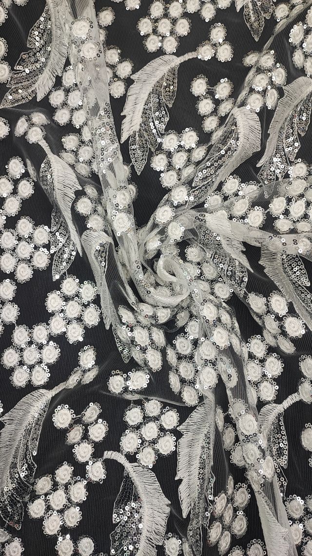 Tul bordado color blanco Plata A791, ideal para vestidos de noche de boda y de XV años