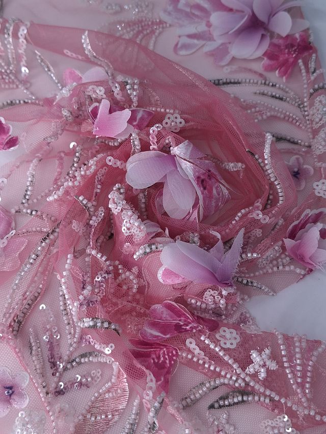 Tul bordado color rosa H150, ideal para vestidos de noche de boda y de xv años