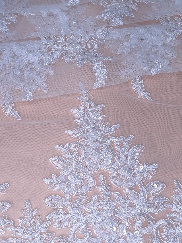 Tul bordado color blanco A948, ideal para vestidos de noche de boda y de XV años