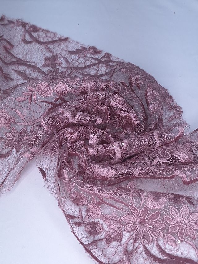 Tul bordado color palo de rosa H038, ideal para vestidos de noche de boda y de xv años