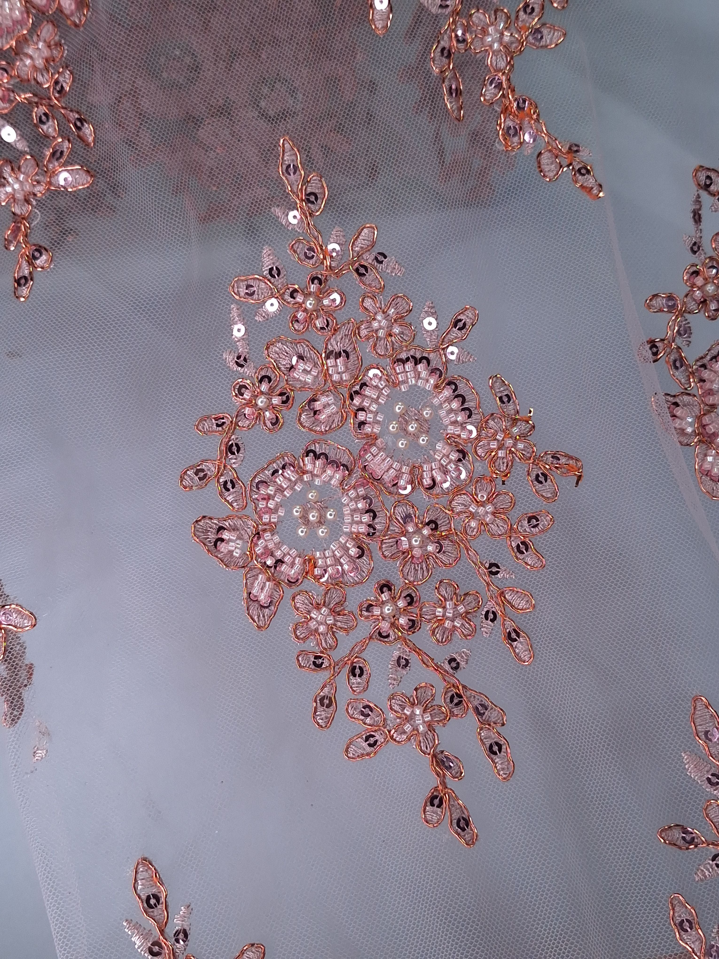 Tul bordado color coral A981, ideal para vestidos de noche de boda y de XV años