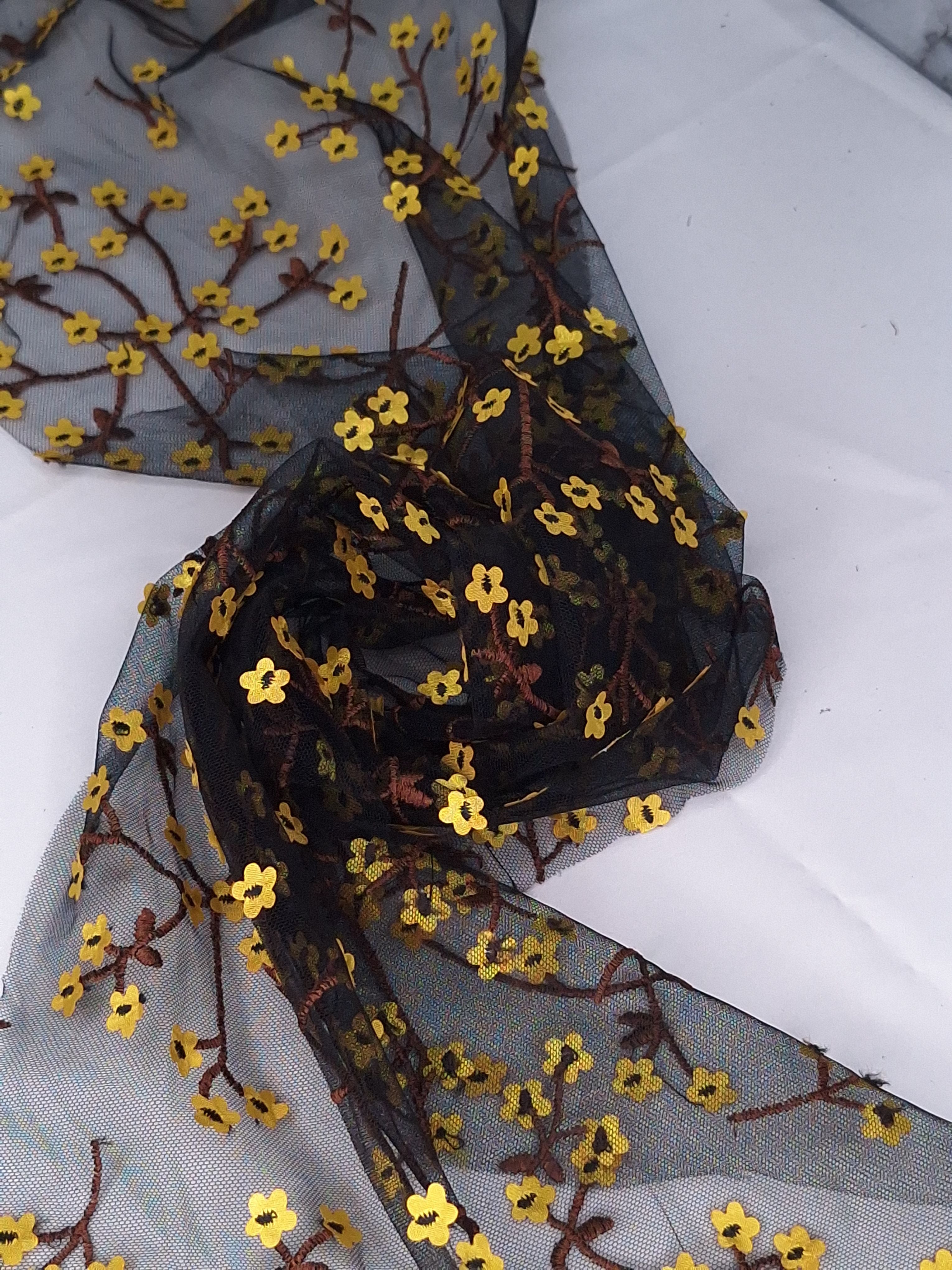 Tul bordado color amarillo A621, ideal para vestidos de noche de boda y de XV años