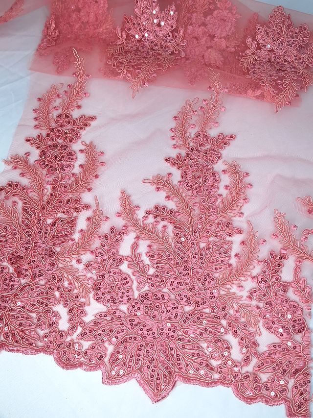 Tul bordado color rosa coral A961, ideal para vestidos de noche de boda y de xv años