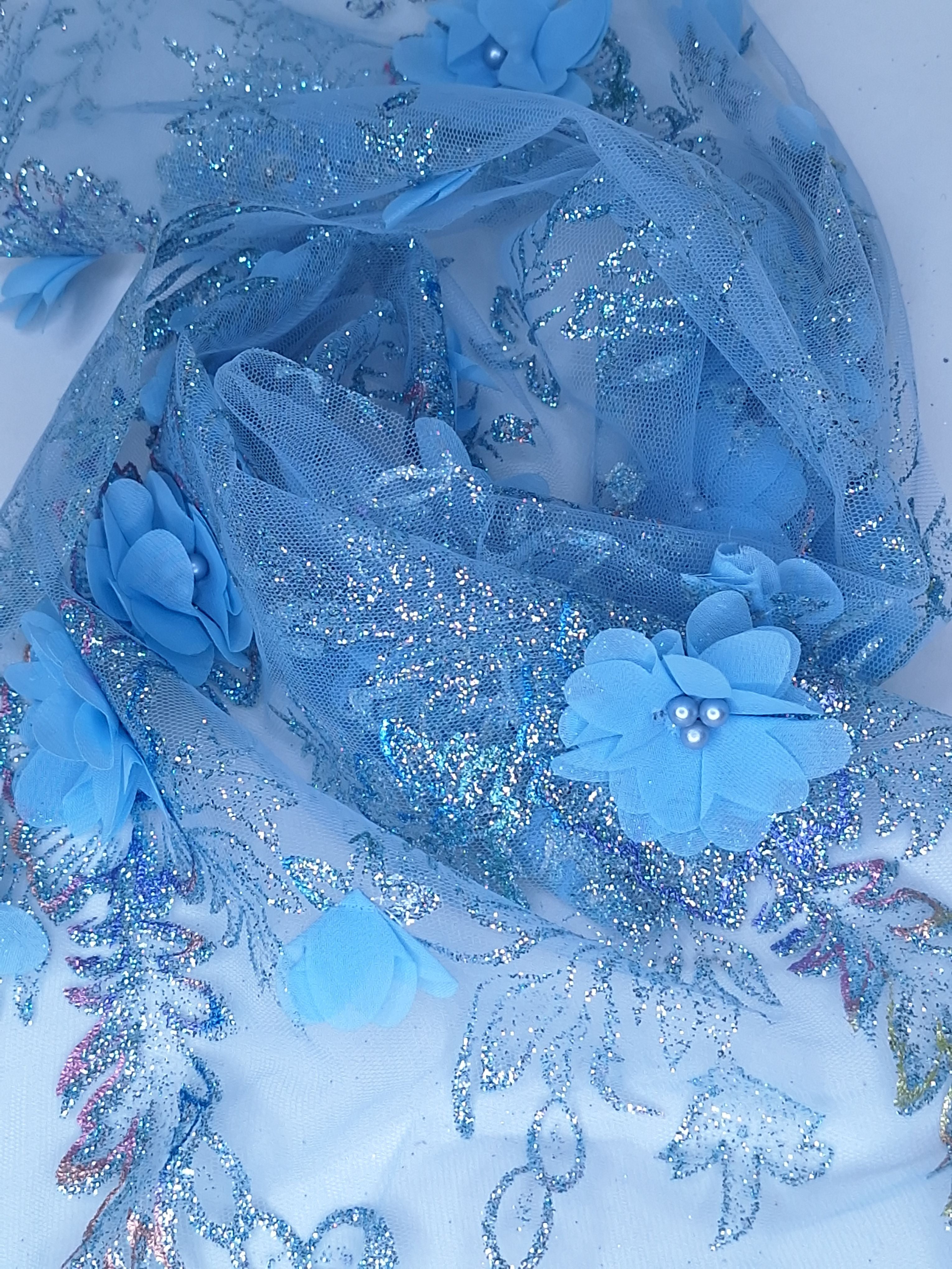 Tul bordado color cielo H097, ideal para vestidos de noche de boda y de XV años