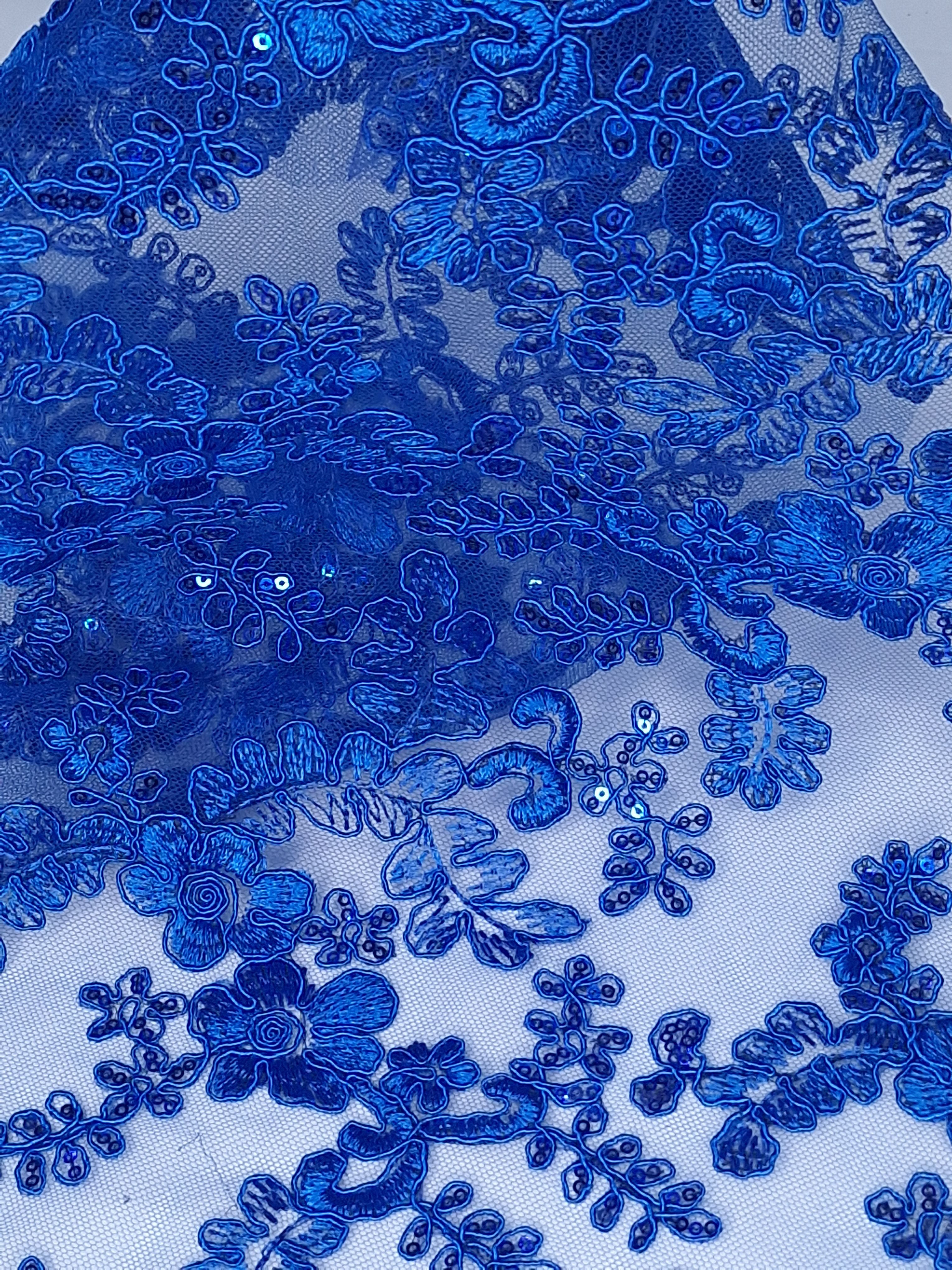 Tul bordado color azul rey H165, ideal para vestidos de noche de boda y de XV años