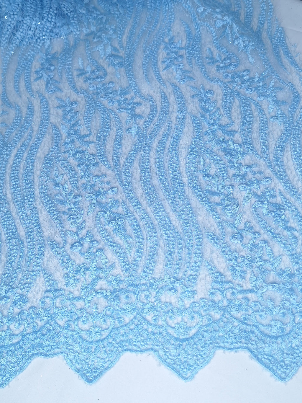 Tul bordado color cielo H084, ideal para vestidos de noche de boda y de XV años