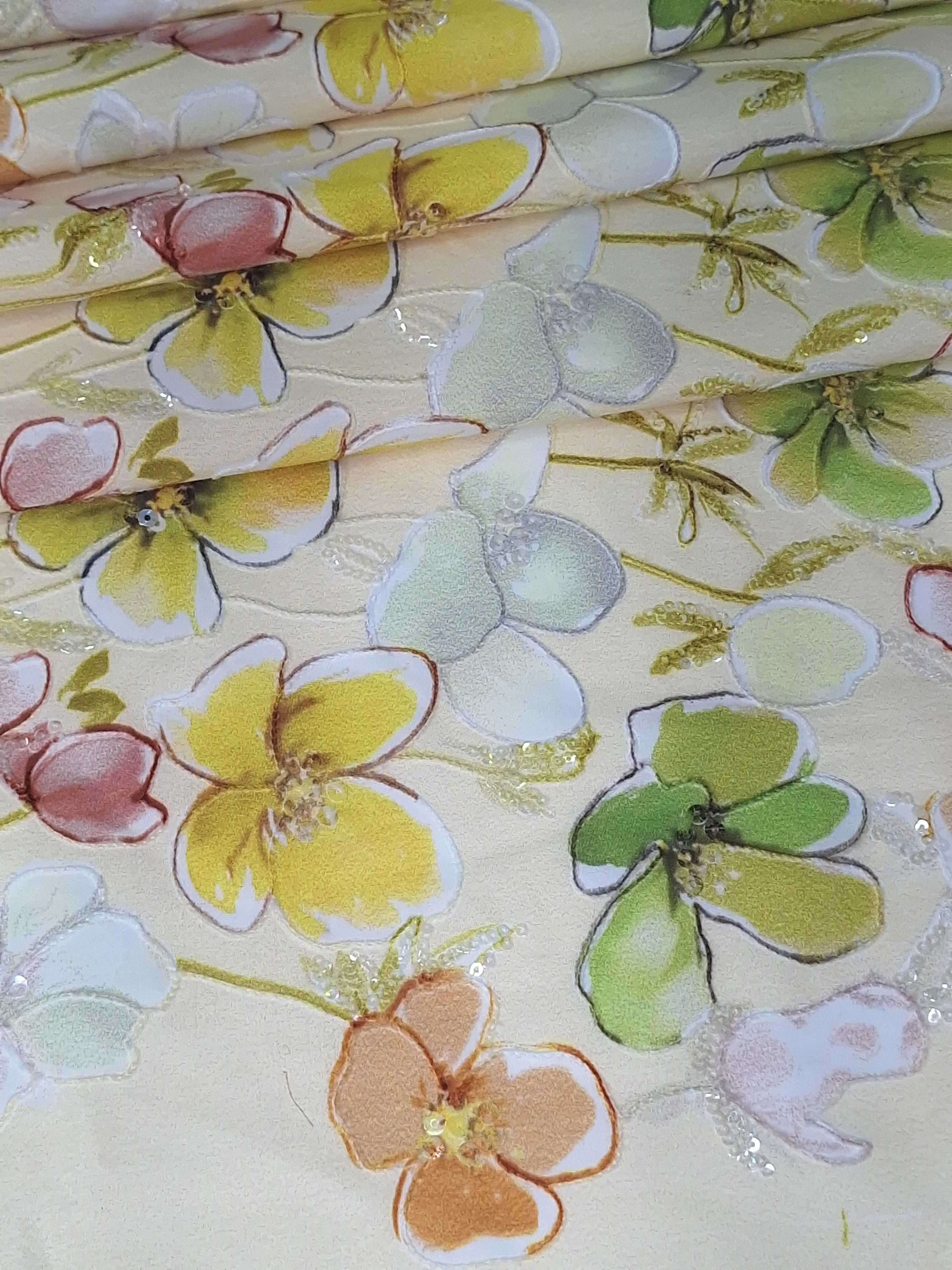 Tul bordado color amarillo H225, ideal para vestidos de noche de boda y de XV años