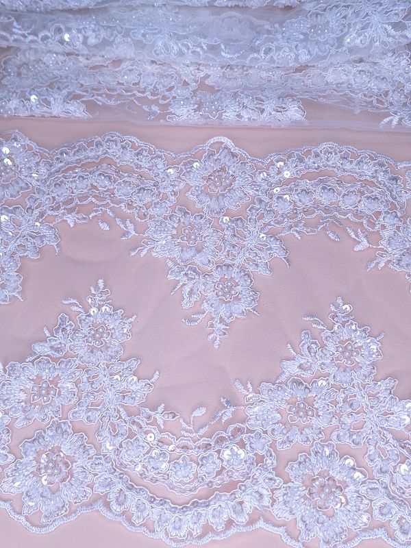 Tul bordado color blanco H203, ideal para vestidos de noche de boda y de XV años
