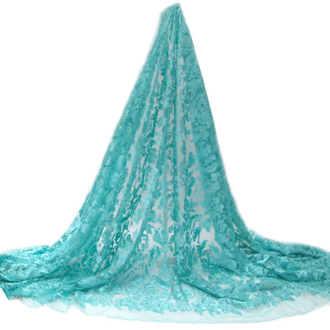 Tul bordado color aqua A362, ideal para vestidos de noche de boda y de XV años