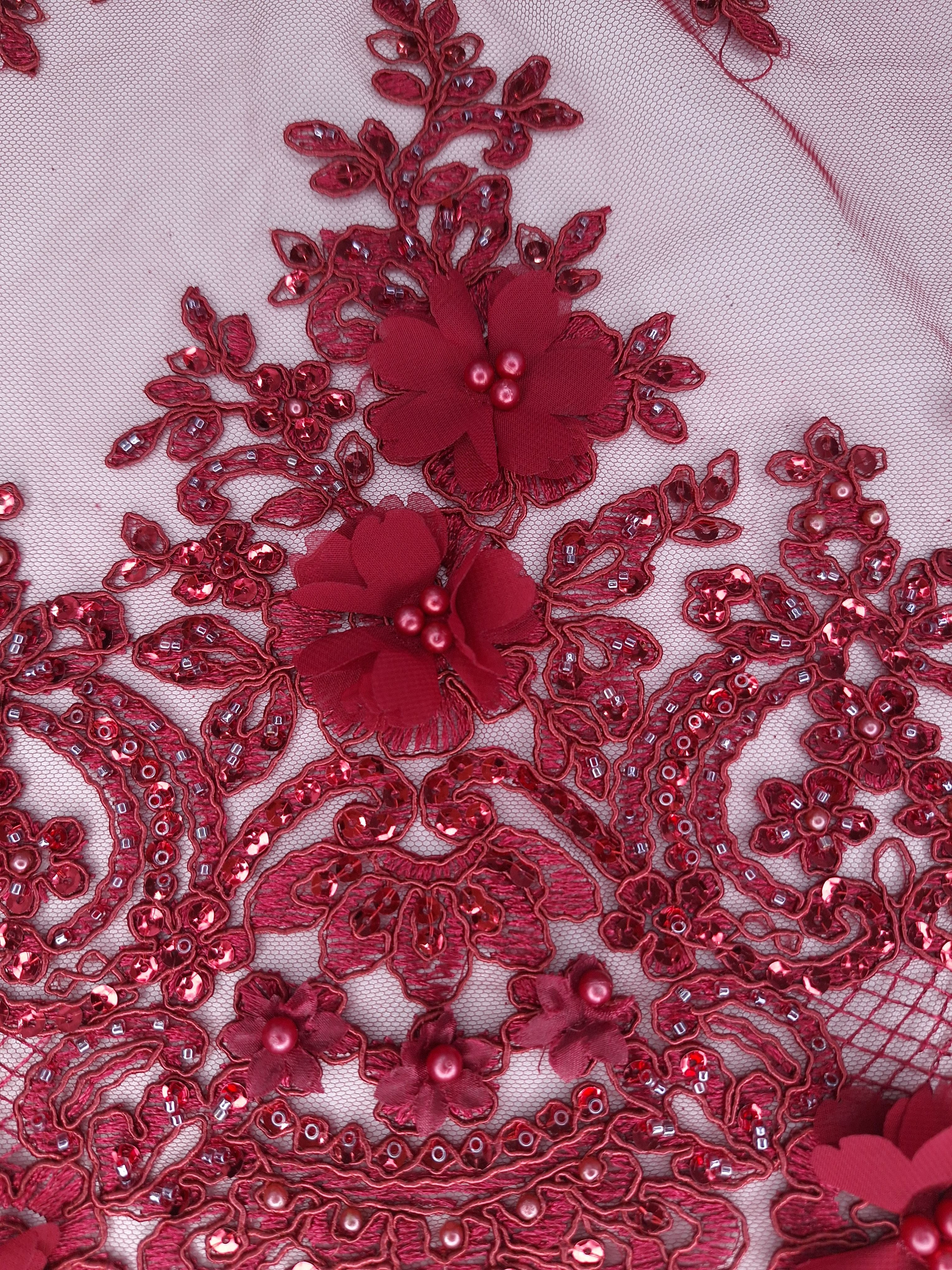 Tul bordado color vino H163, ideal para vestidos de noche de boda y de XV años