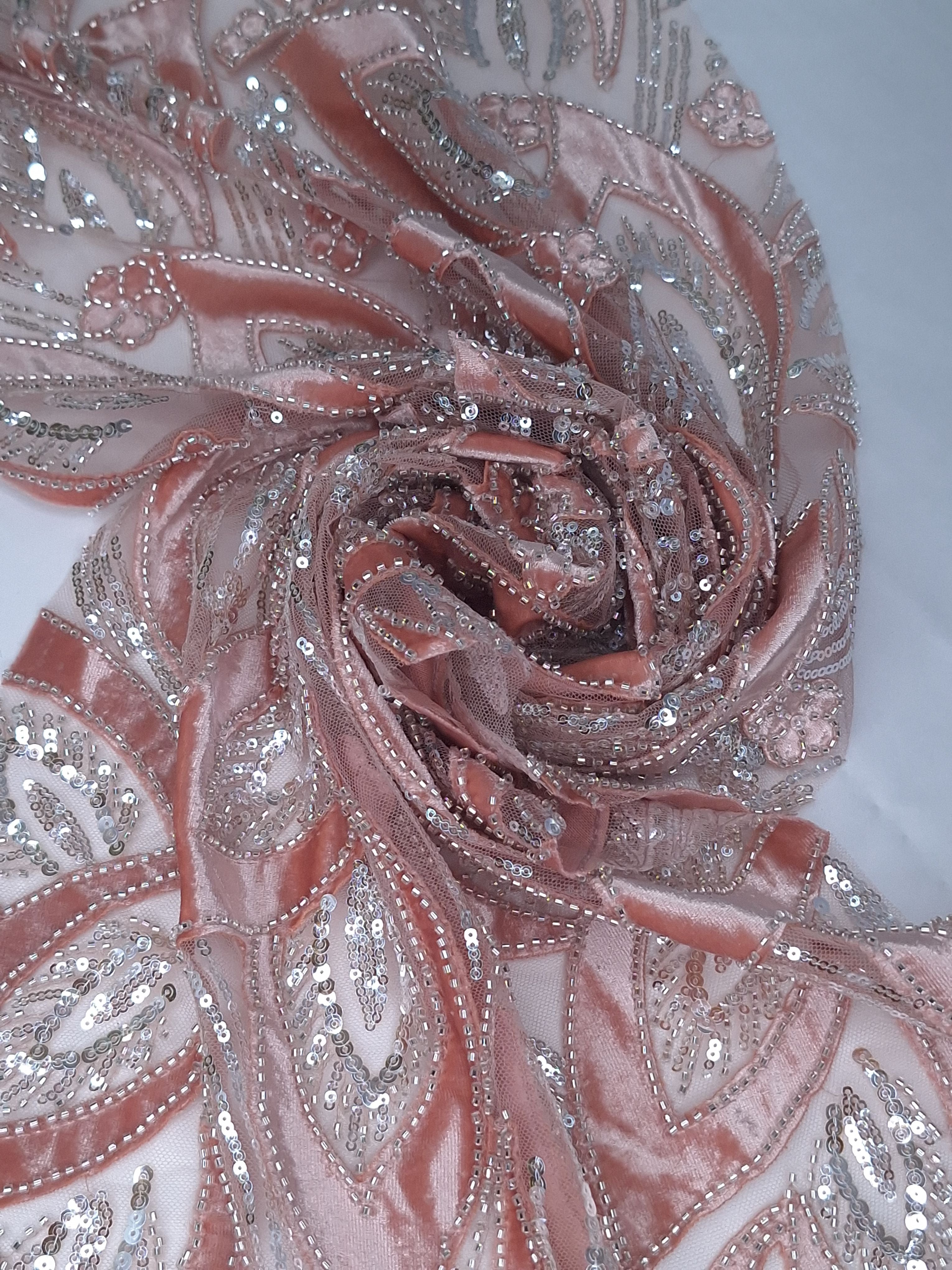 Tul bordado color rosa H235, ideal para vestidos de noche de boda y de XV años