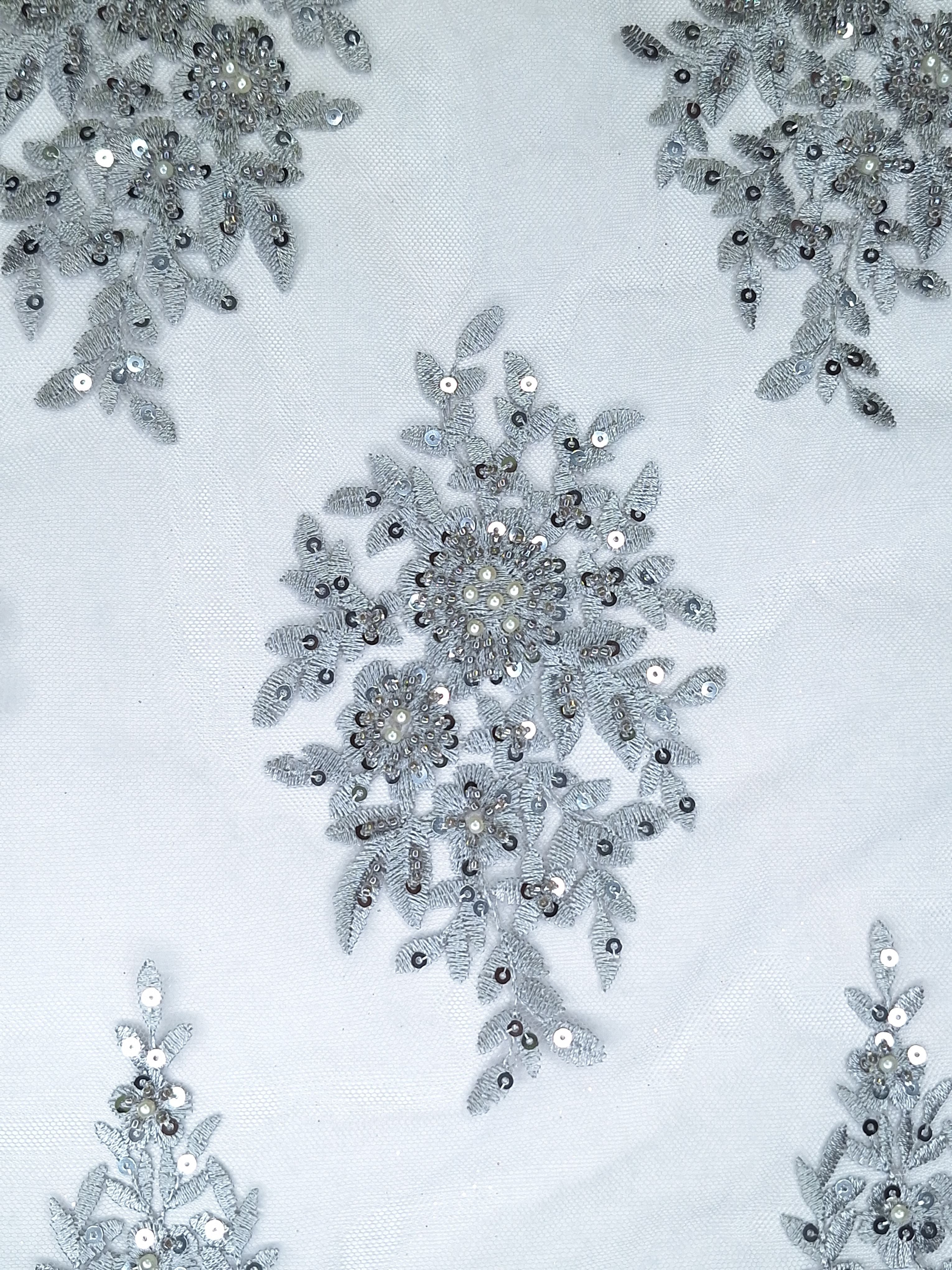 Tul bordado color plata A980, ideal para vestidos de noche de boda y de XV años