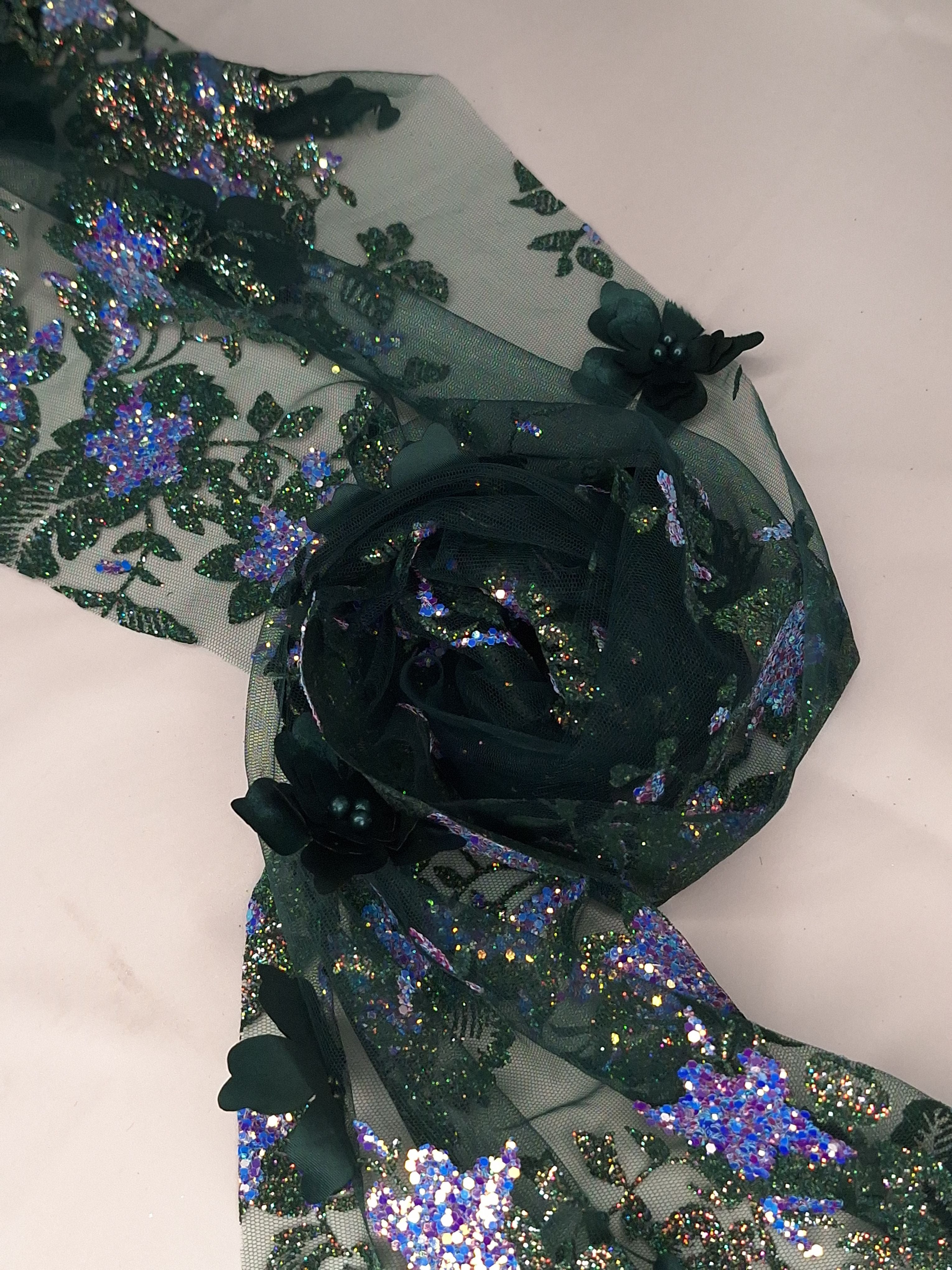 Tul bordado color botella H166, ideal para vestidos de noche de boda y de XV años