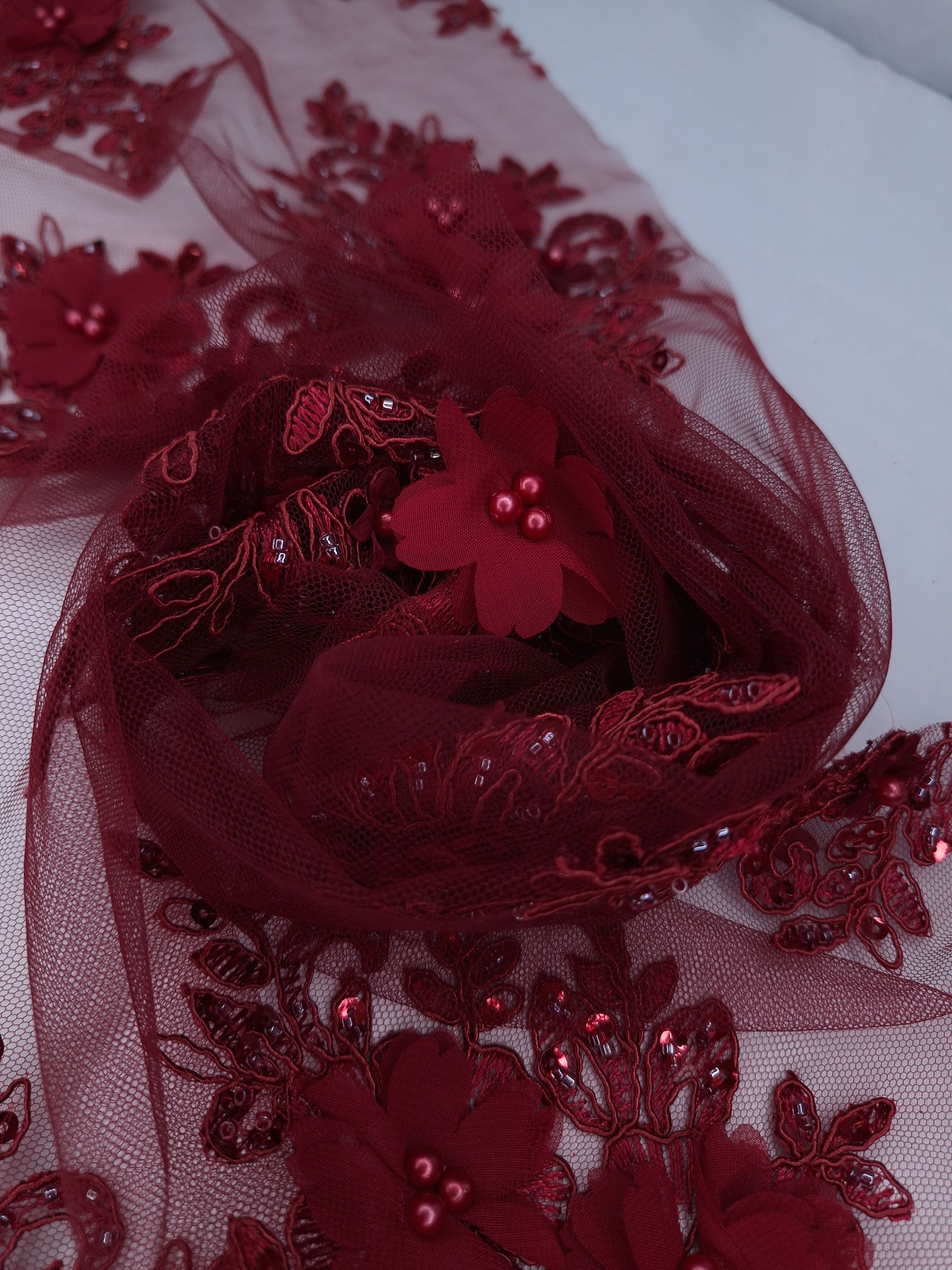 Tul bordado color vino H163, ideal para vestidos de noche de boda y de XV años