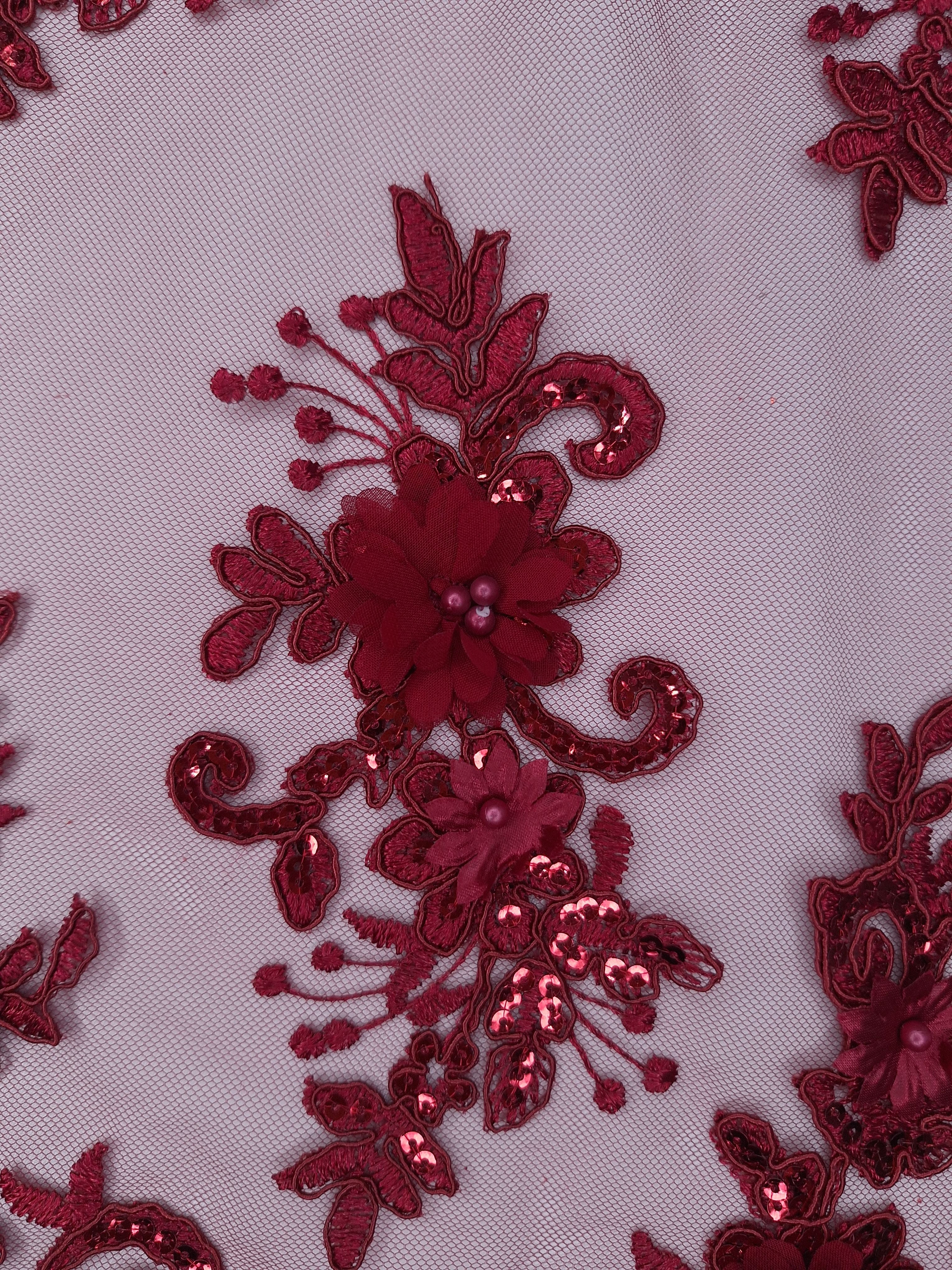 Tul bordado color vino H164, ideal para vestidos de noche de boda y de XV años