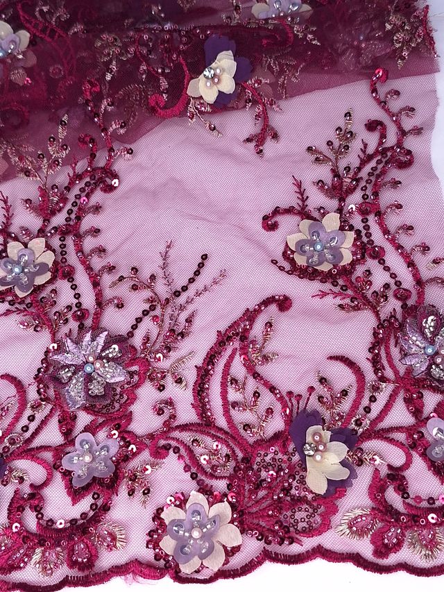 Tul bordado color morado A974, ideal para vestidos de noche de boda y de XV años