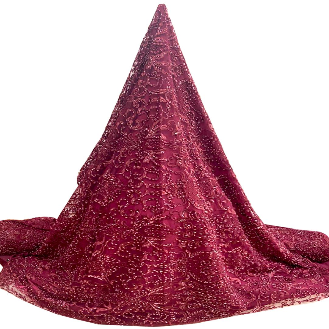 Tul bordado color vino A778, ideal para vestidos de noche de boda y de XV años