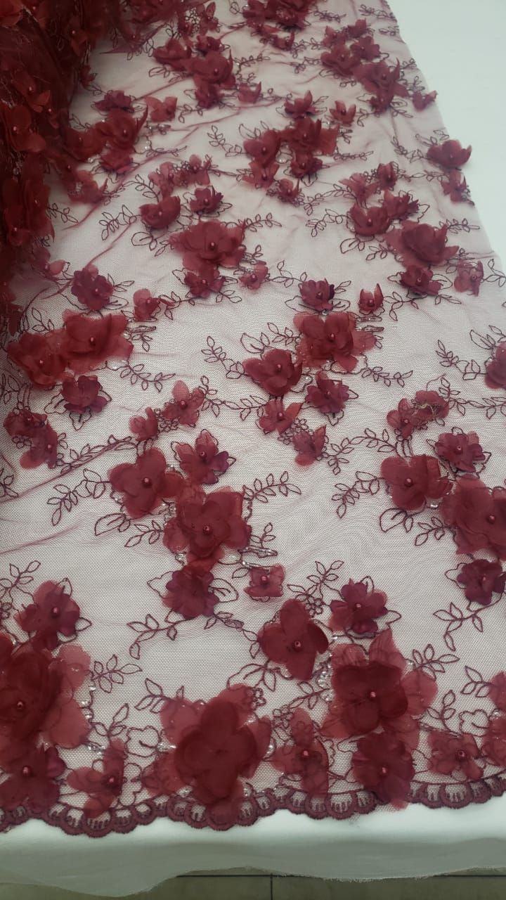 Tul bordado color vino A727, ideal para vestidos de noche de boda y de XV años