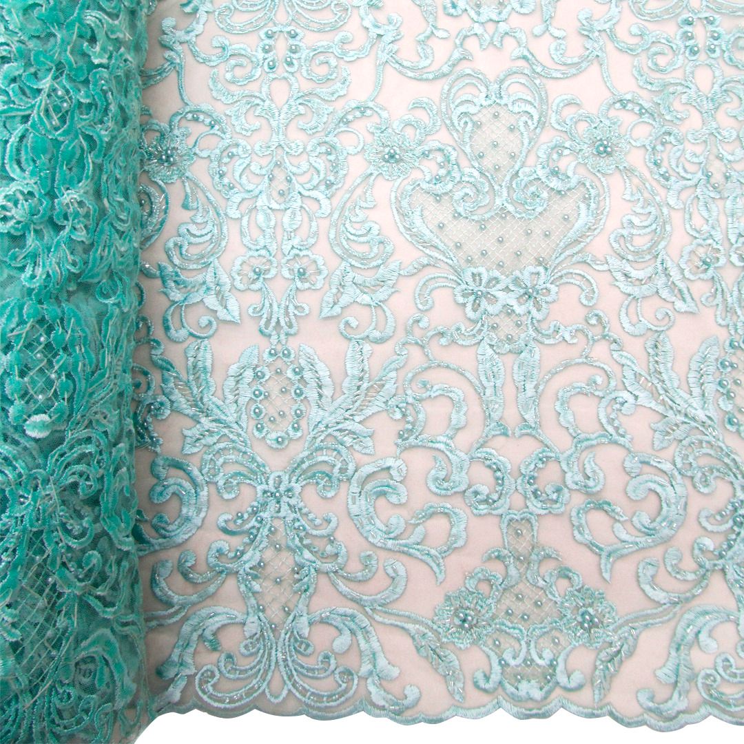 Tul bordado color menta A778, ideal para vestidos de noche de boda y de XV años