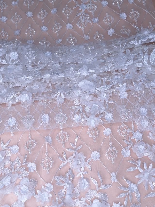 Tul bordado color blanco A862, ideal para vestidos de noche de boda y de XV años