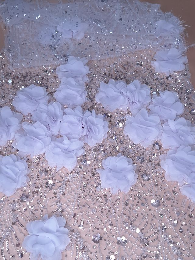Tul bordado color blanco H147, ideal para vestidos de noche de boda y de XV años