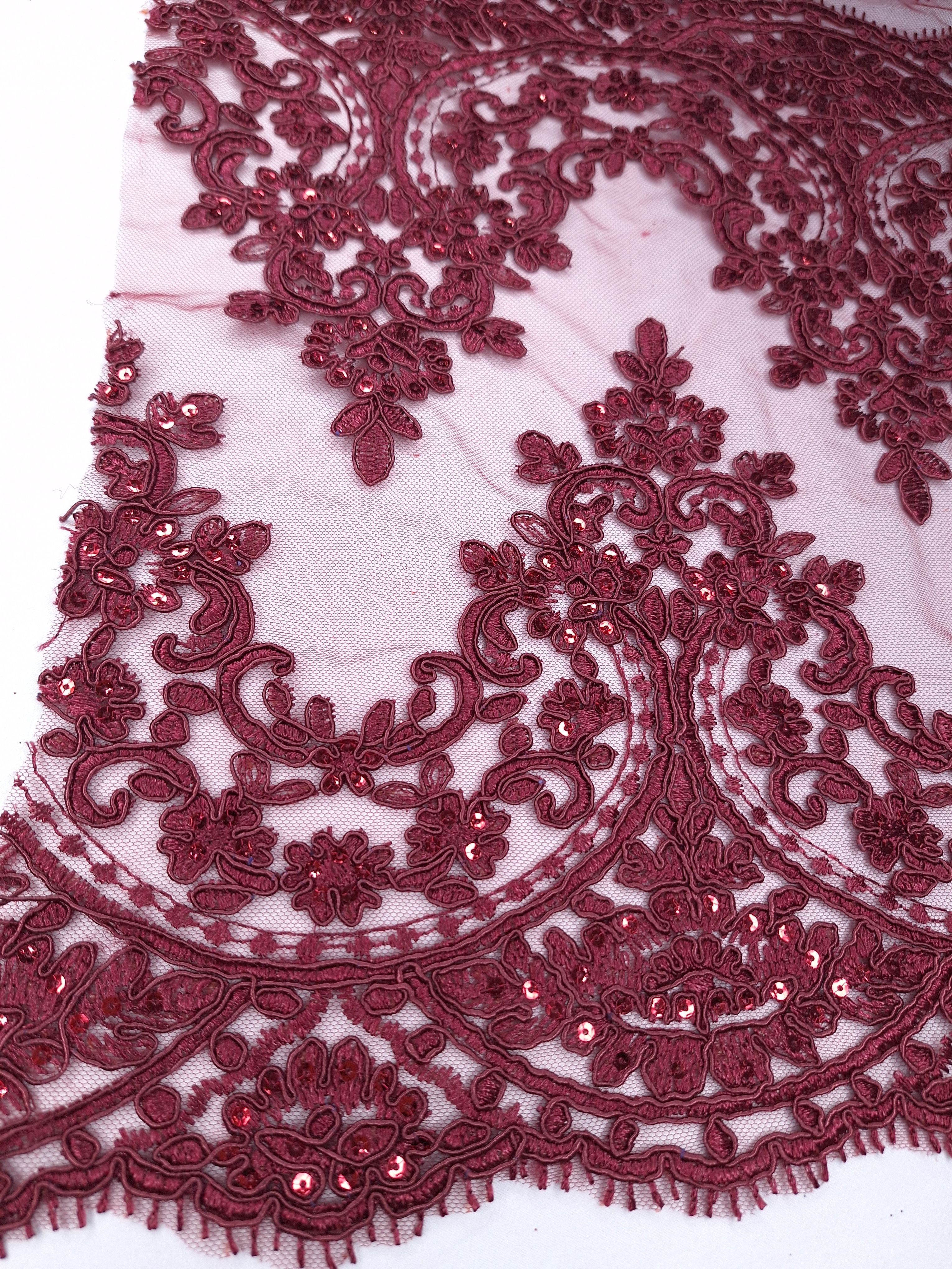 Tul bordado color vino H130, ideal para vestidos de noche de boda y de XV años