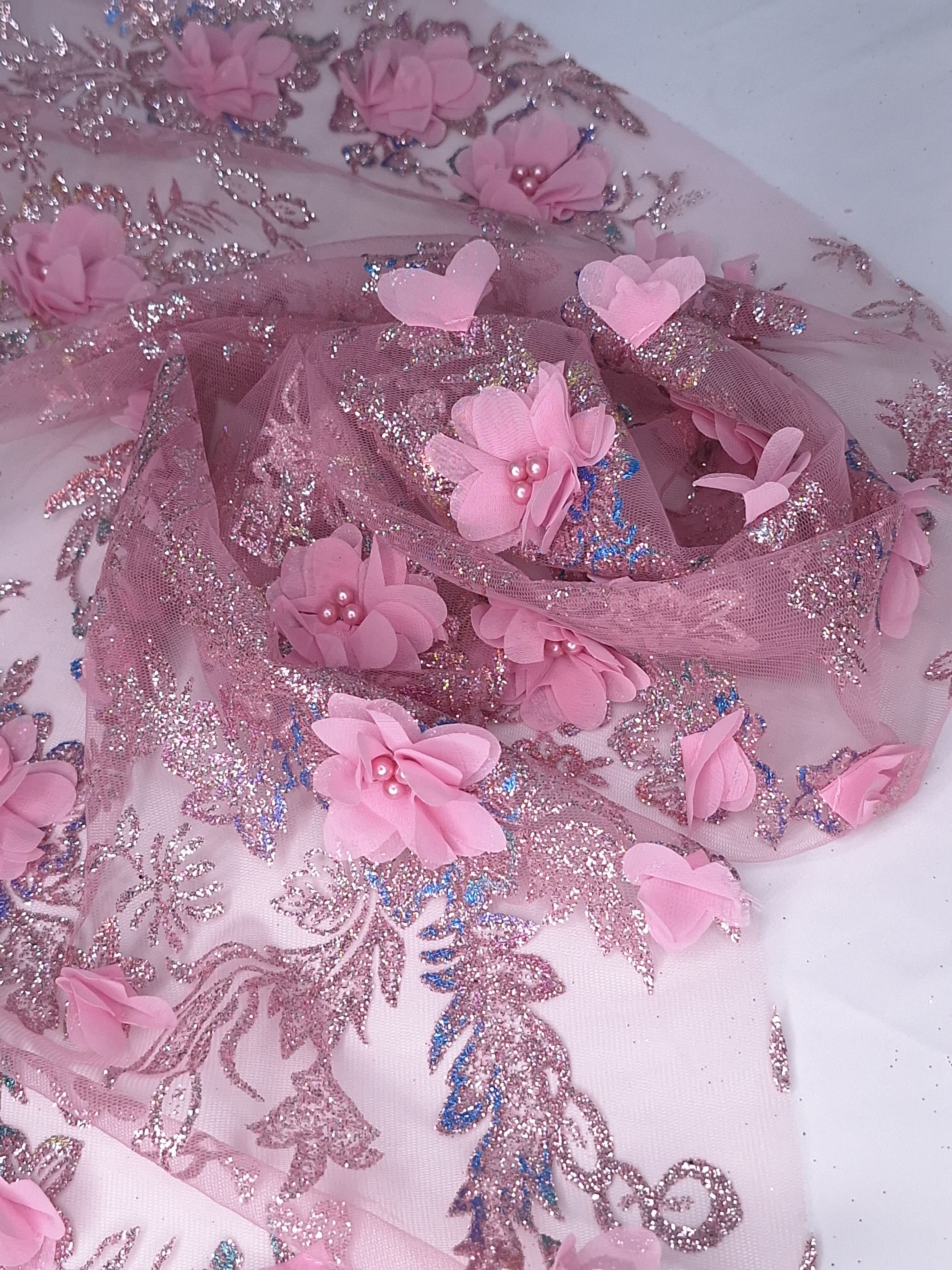 Tul bordado color palo de rosa H097, para vestidos de boda de noche y de ceremonia