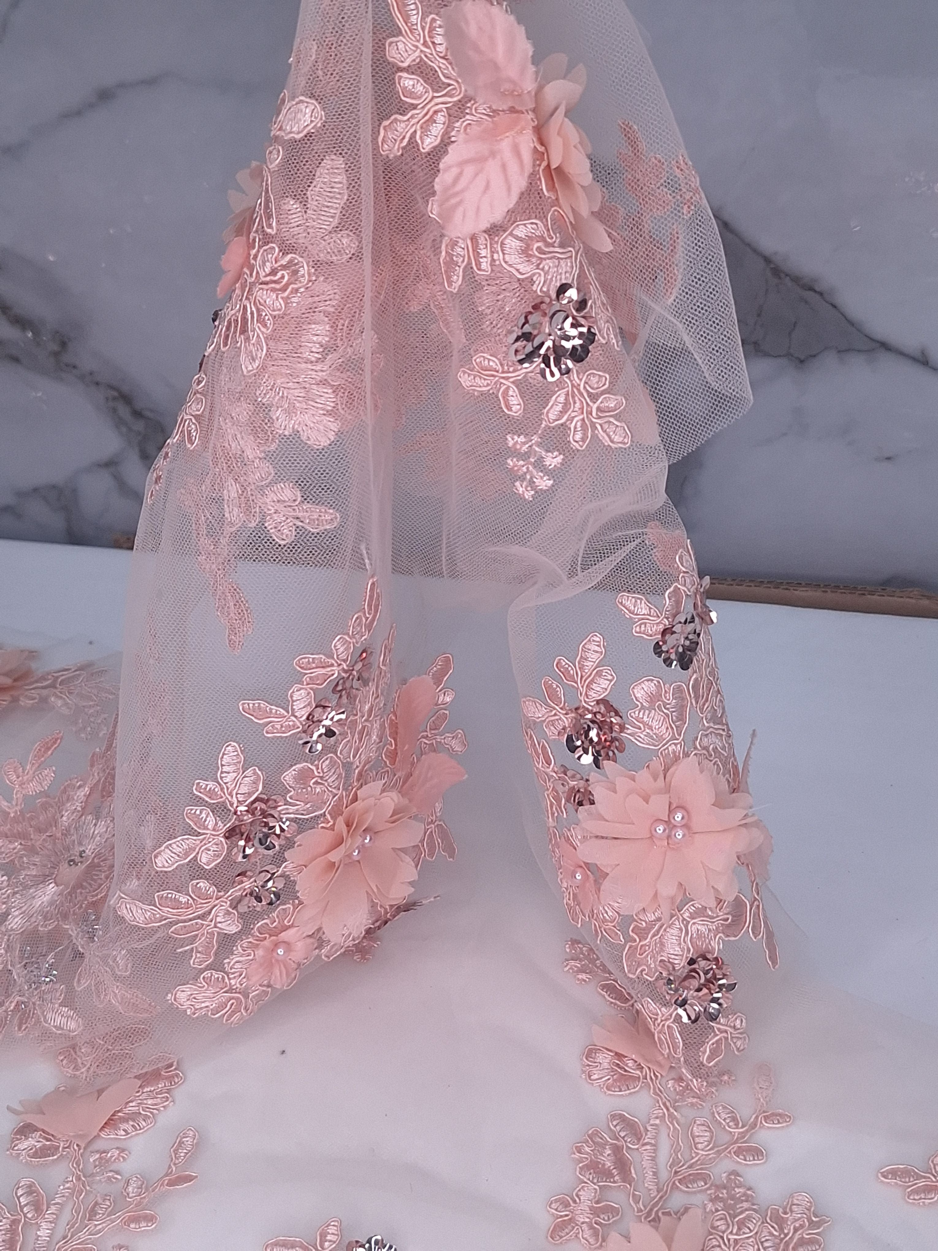 Tul bordado color blush coral H134, para vestidos de noche de boda y de ceremonia