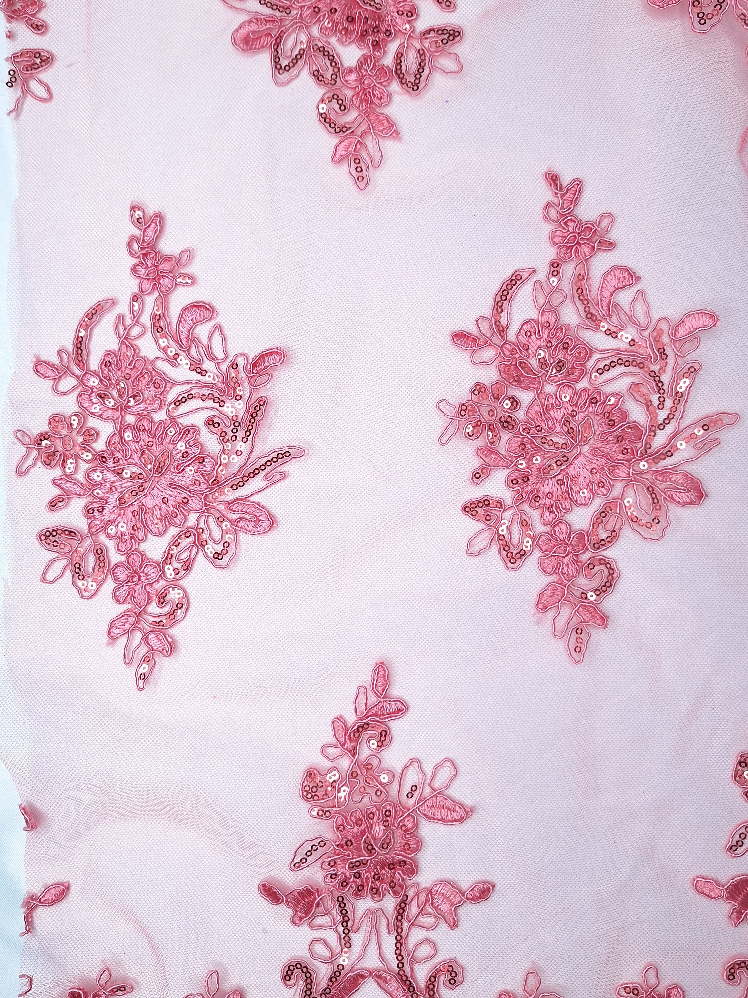 Tul bordado colo rosa coral A977, ideal para vestidos de noche de boda y de XV años
