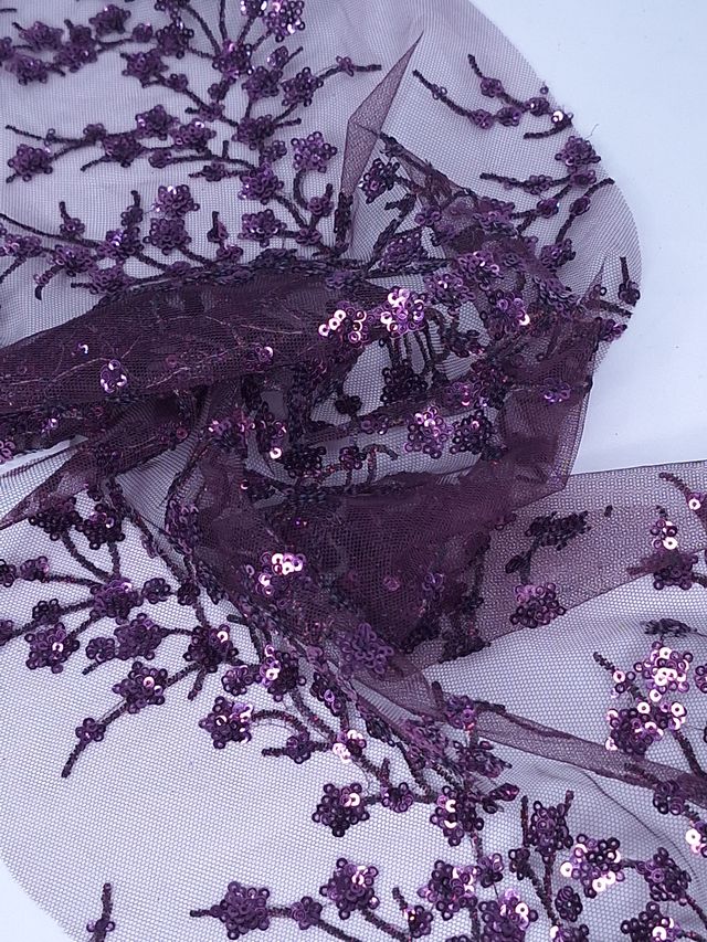 Tul bordado color morado A986, ideal para vestidos de noche de boda y de XV años