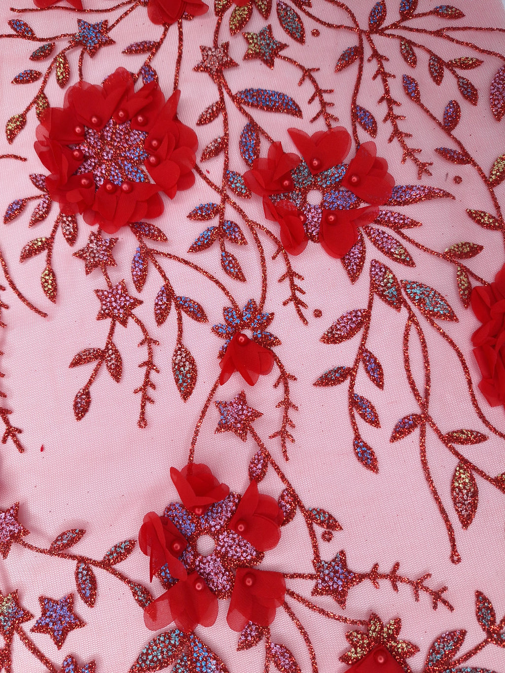 Tul bordado color rojo H142, ideal para vestidos de noche de boda y de XV años