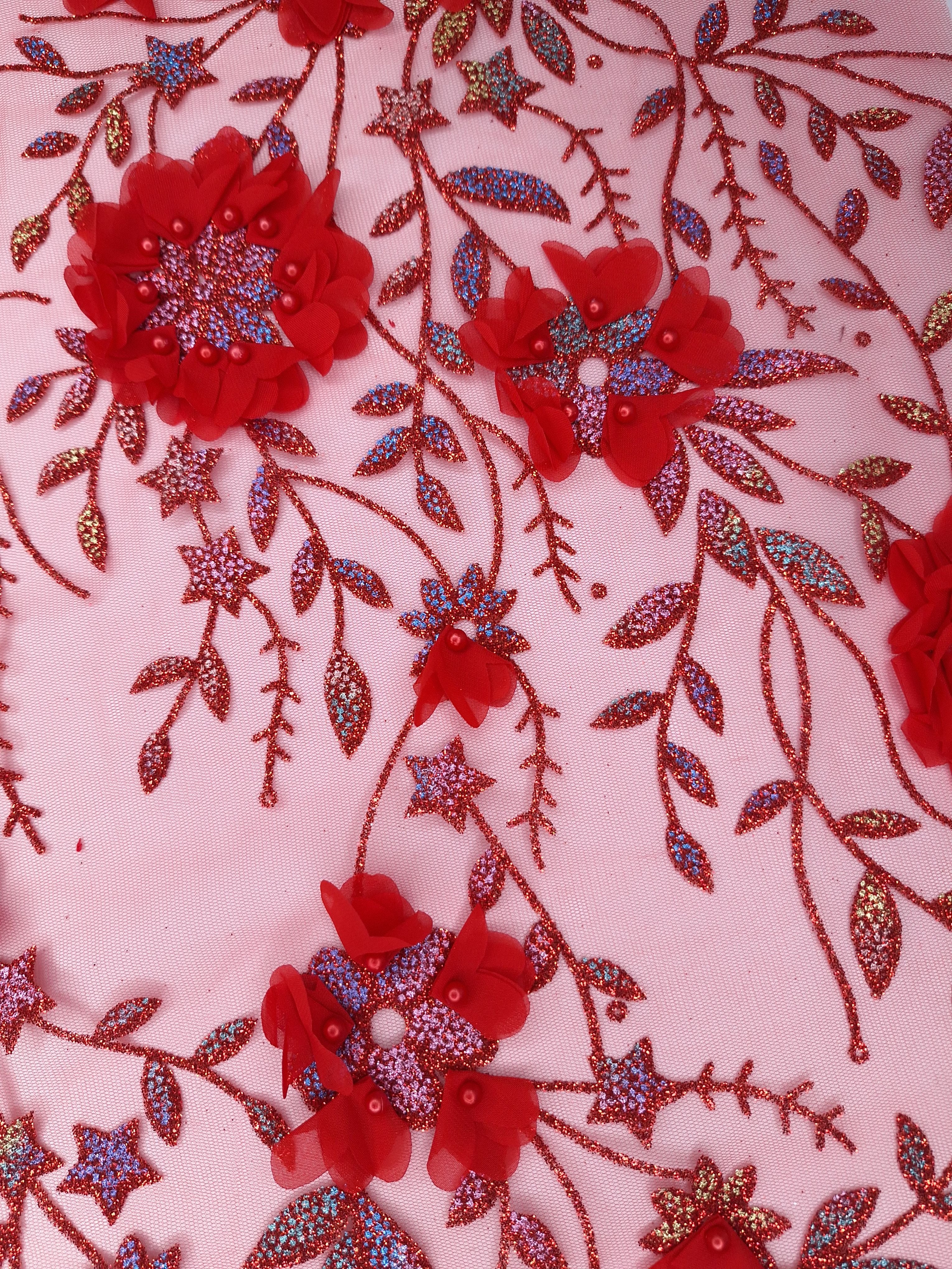 Tul bordado color rojo H142, ideal para vestidos de noche de boda y de XV años