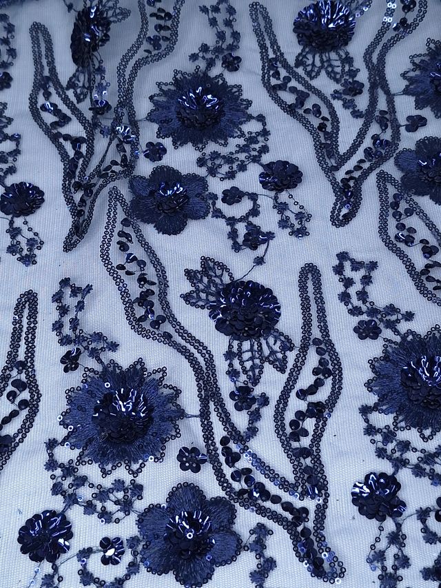 Tul bordado color azul marino HH104, ideal para vestidos de noche de boda y de XV años