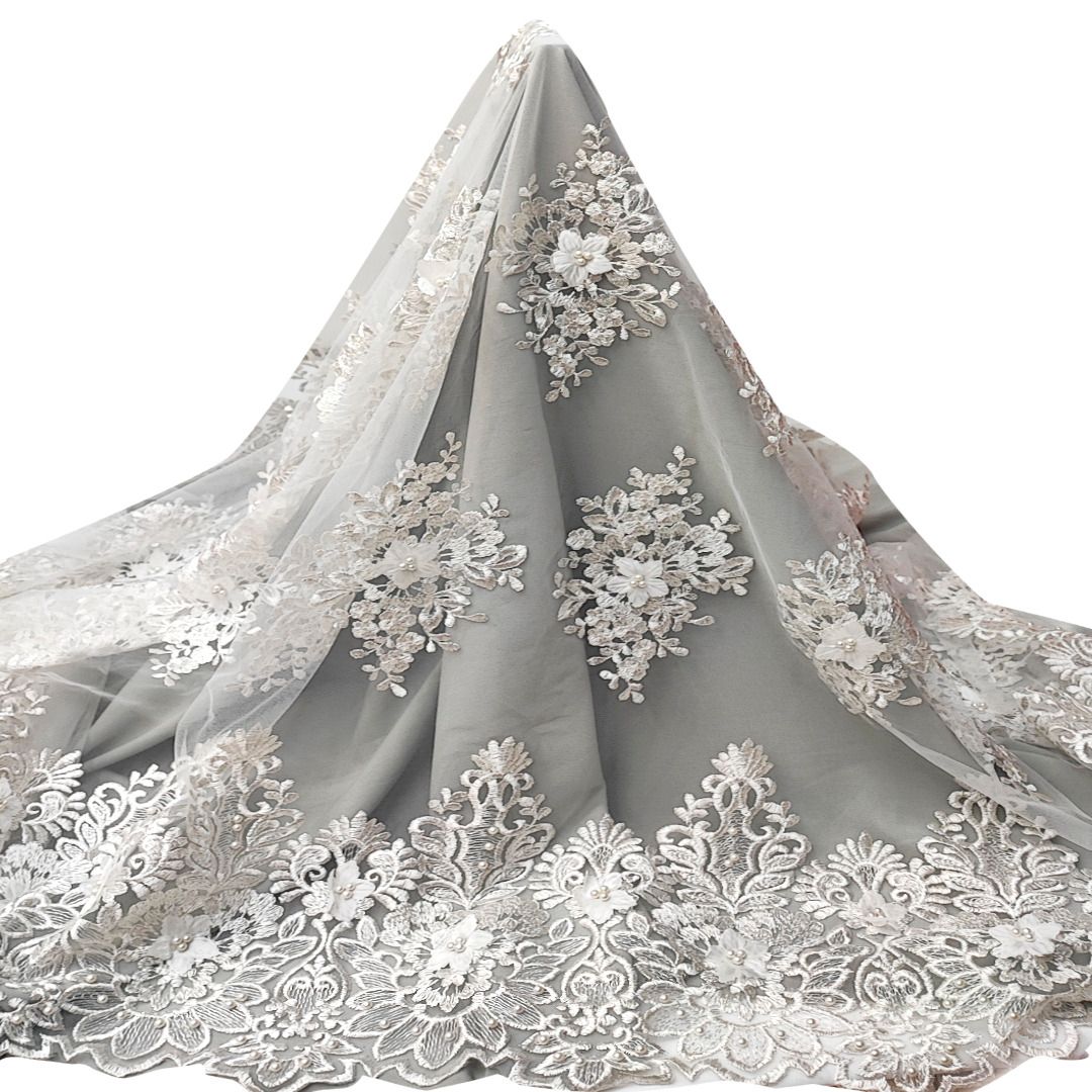 Tul bordado color blanco A858, ideal para vestidos de noche de boda y de XV años