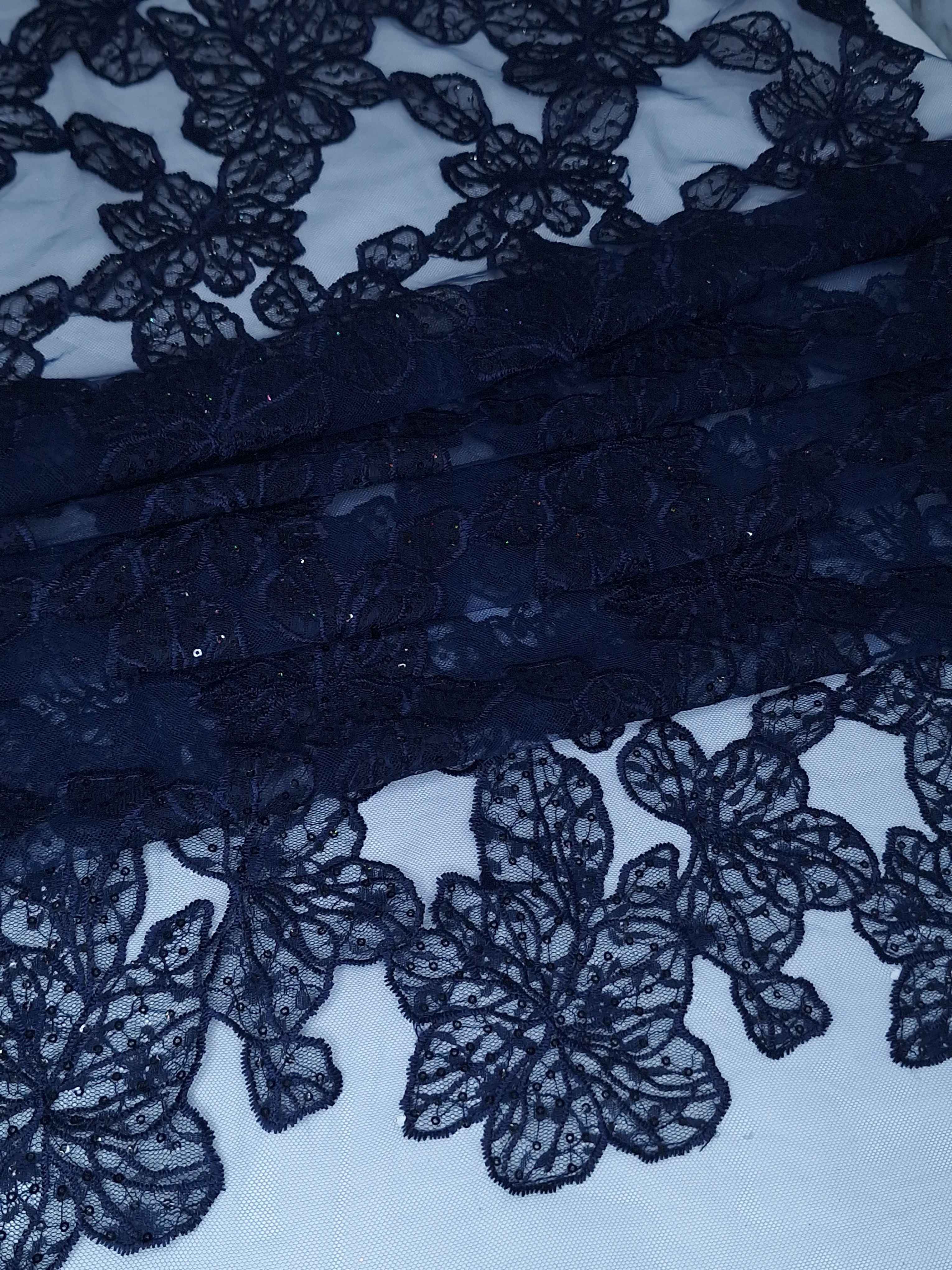 Tul bordado color marino H212, ideal para vestidos de noche de boda y de XV años